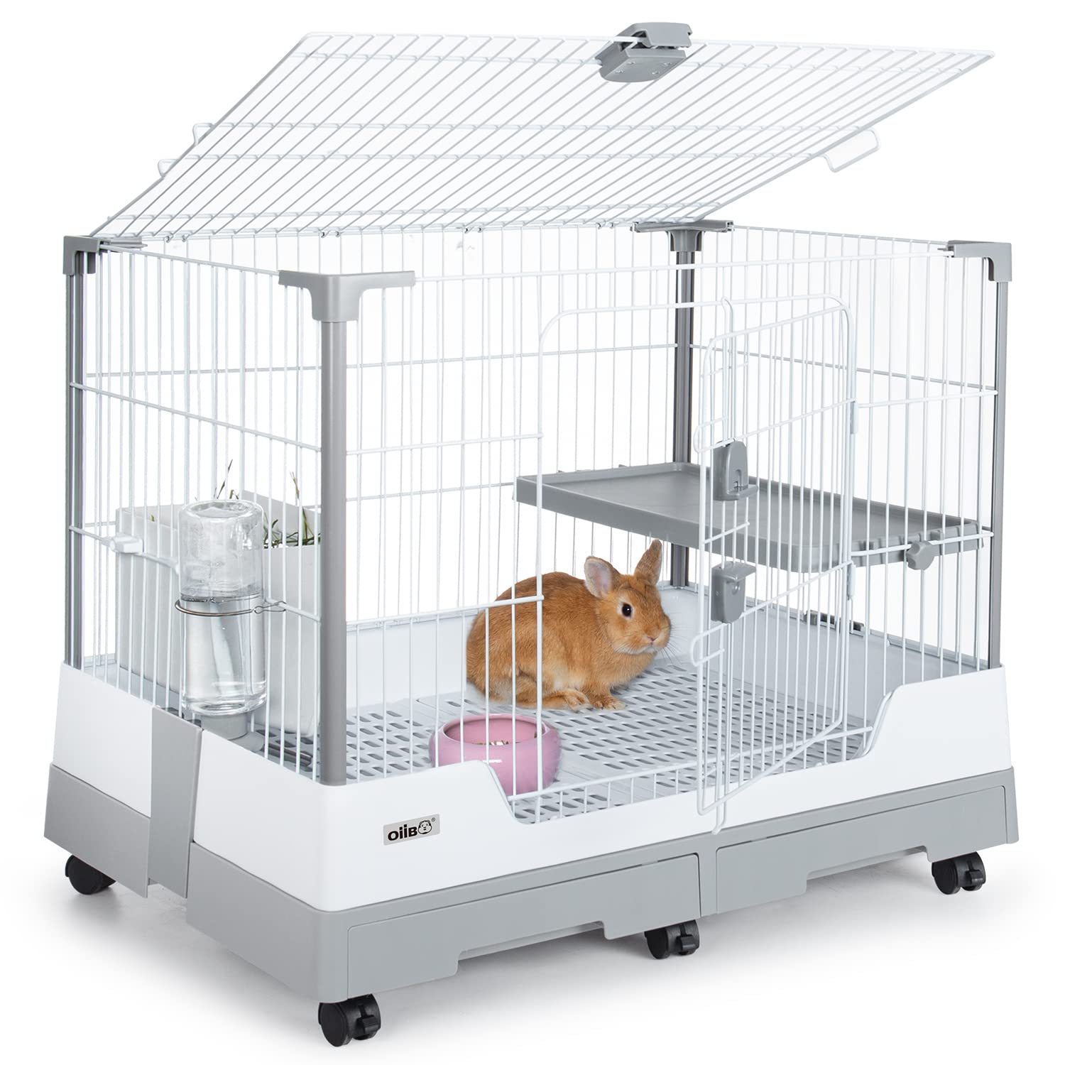 OIIBO Deluxe Rabbit Cage, 32" × 21" × 26" Large Space Bunny Cage Foldable Small Animal Cage with Pull Out Tray and Caster Platform, Professional Household Anti-Spray Urine Rabbit Cage Hutch Indoor