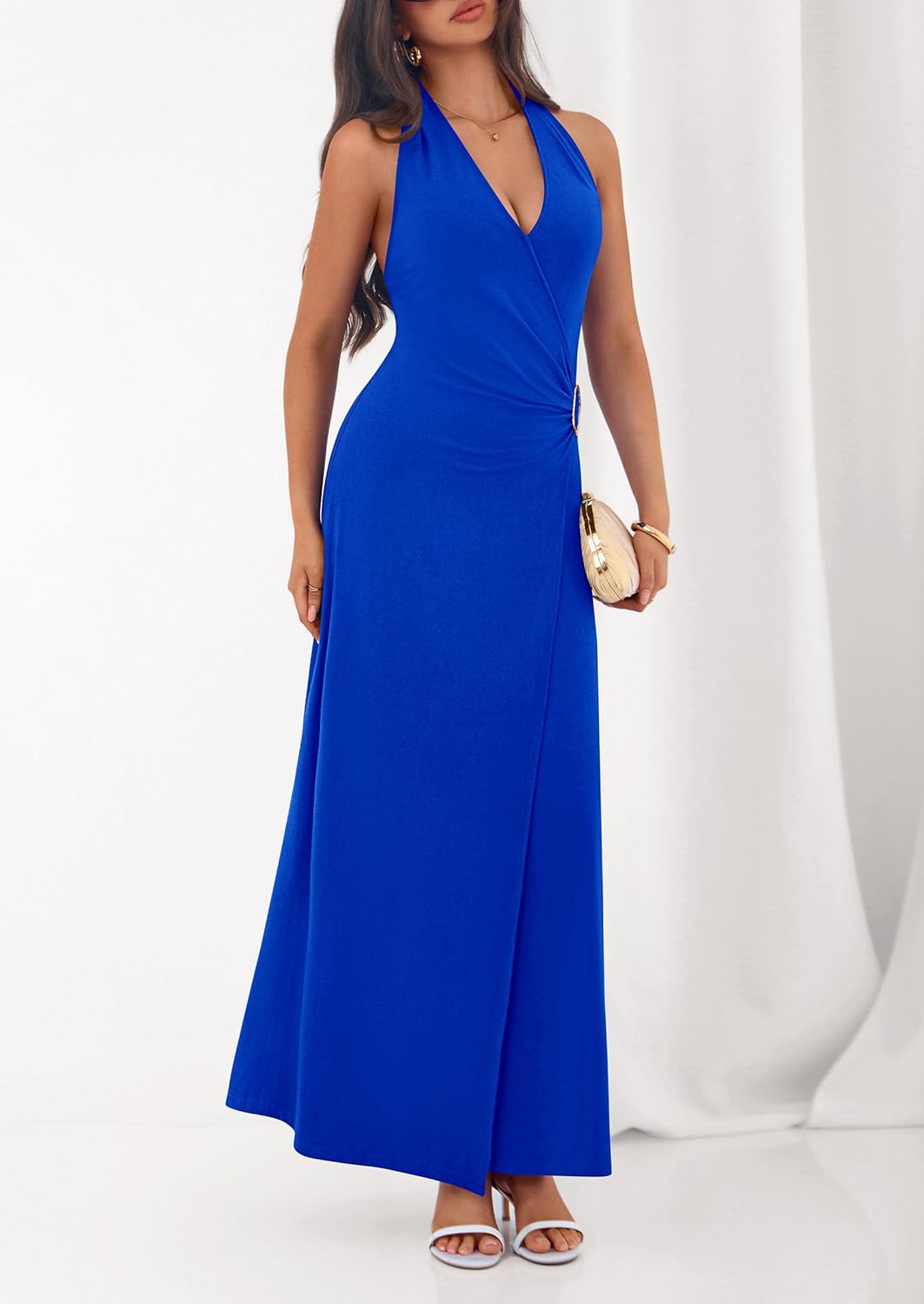 PRETTYGARDEN Halter Dresses for Women 2026 Elegant Classy Spring V Neck Tie Backless Summer Wedding Guest Cocktail Midi Dress - Image 6