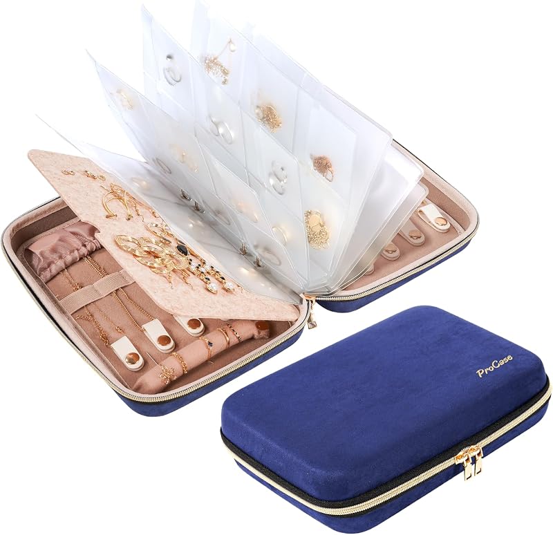 ProCase Estuche organizador de joyas extra grande, carpeta de anillas para guardar joyas en el hogar con bolsillos transparentes para presentación, bolsa con cremallera para pendientes, collares, pulseras, color azul marino