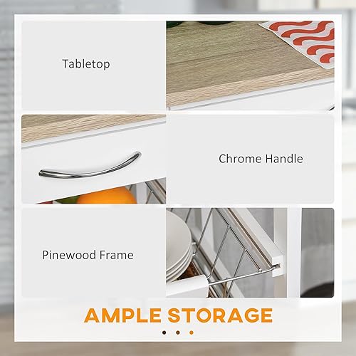 Miniatura 6 de HOMCOM Carrito de cocina móvil, isla de cocina rodante con almacenamiento, marco de madera maciza con cestas de frutas y cajón de alambre, color