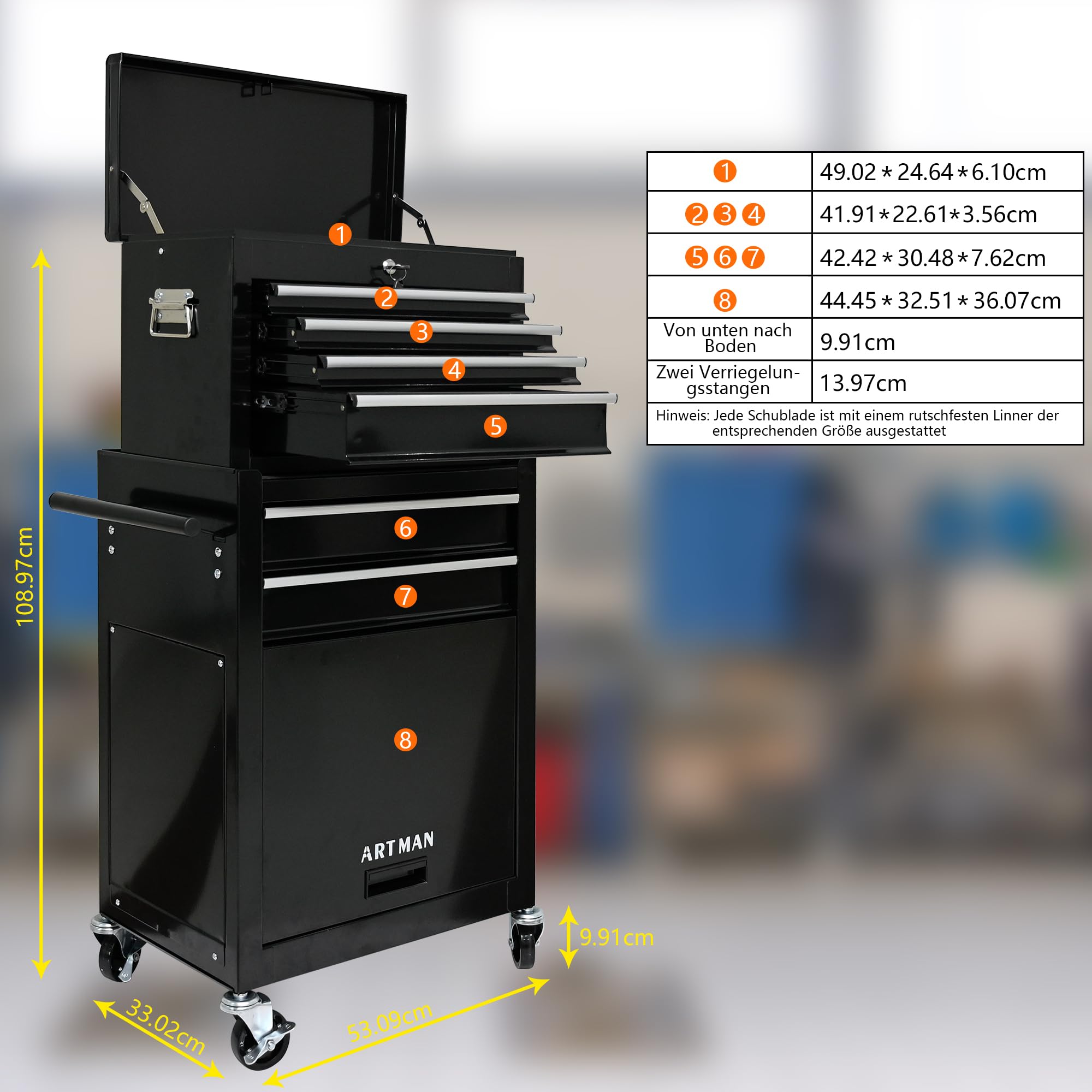 Carrello Porta Attrezzi 6 Cassetti in Acciaio, Alta Capacità con Ruote e Cassetti, Armadietto Mobile per Utensili, Garage Workshop Riparazione, Nero, 52.5 x 33.0 x 109.0 cm