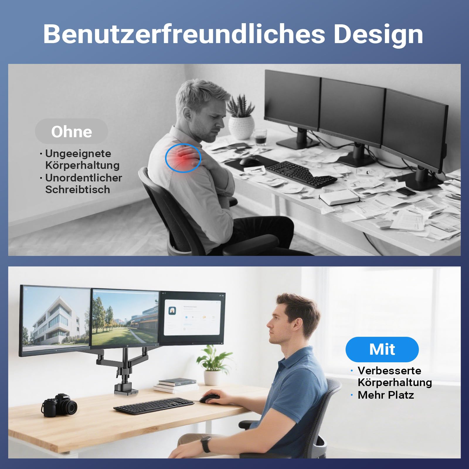 Wiltec Dreifach Monitorhalterung Schreibtisch mit 360° VESA-Platte, Bildschirmhalterung bis 9 kg pro Monitor, Monitorhalter mit Tischklemme