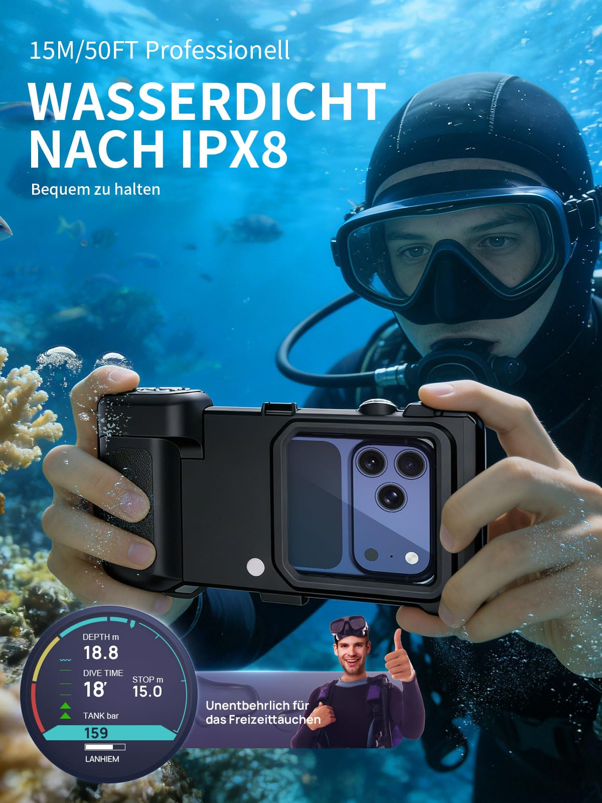 Unterwasser Handyhülle, IPX8 15m/50ft, Kompatibel mit Bluetooth