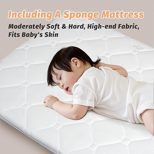 Miniatura 9 de Moisés plegable de madera Moisés portátil 4 en 1 con colchón transpirable, cuna de bebé de 3 alturas con ruedas, mini cuna para bebés recién