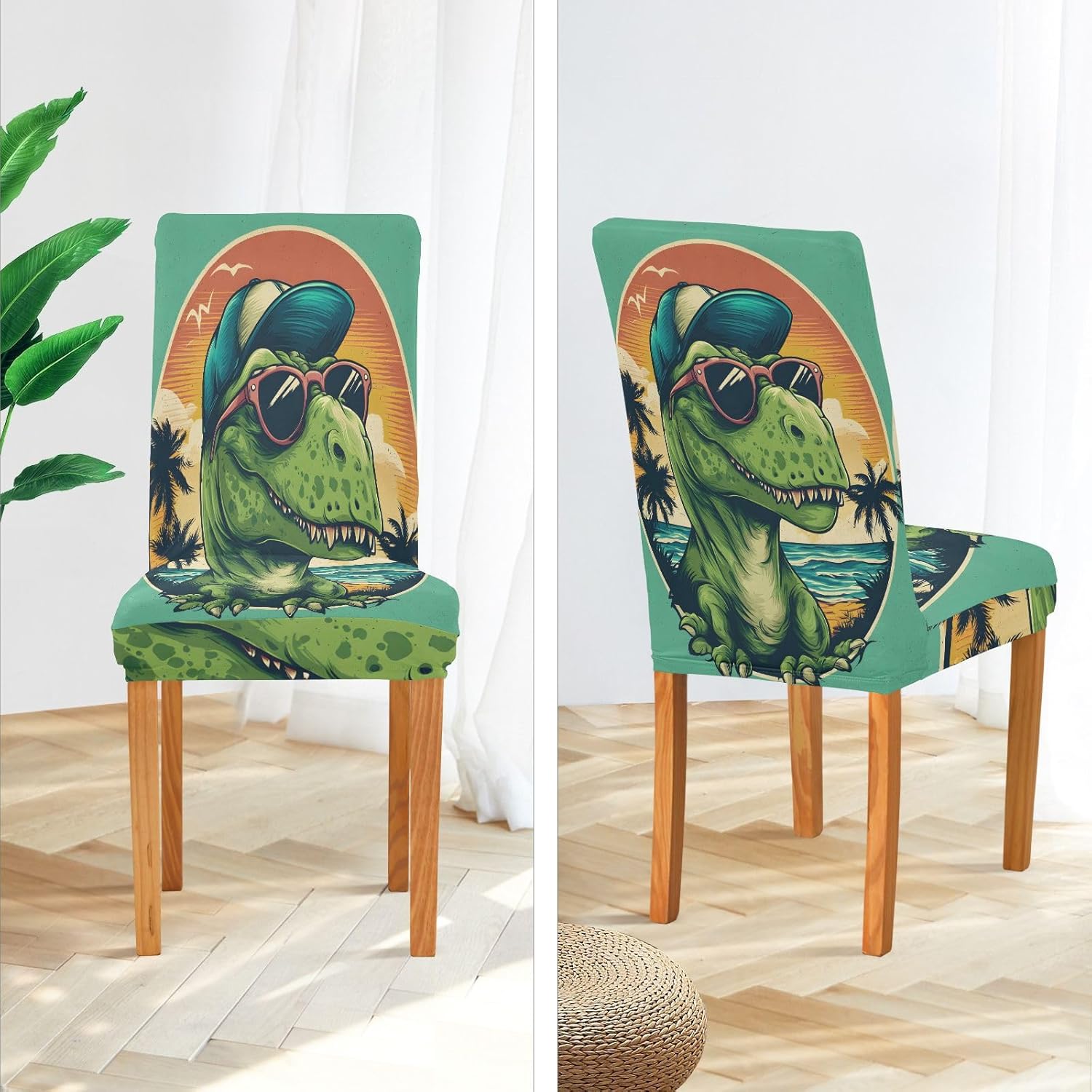 ALAZA Chair Covers for Dining Room, Green Dinosaur Summer Stretch Chair Cover Sets Chair Protector Removable Washable for Ktichen Restaurant Hotel