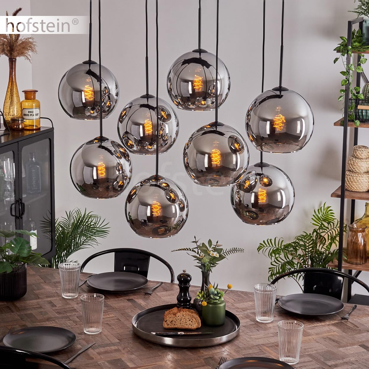 HOFSTEIN Lampadario a sospensione Koyoto a 8 luci in metallo/vetro nero/cromo/fumo, moderno lampadario in stile retrò/vintage, Ø ombrelloni 25 cm, E27, sala da pranzo, cucina, soggiorno