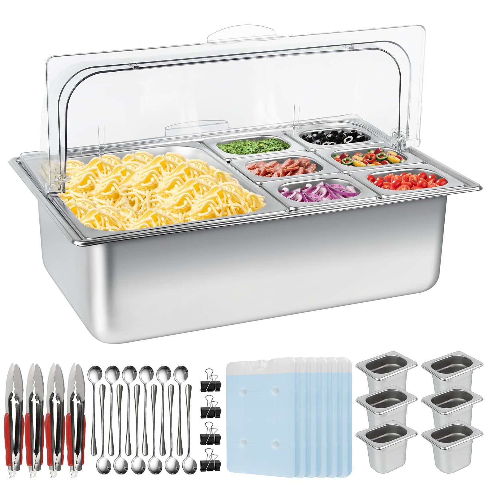 TOROKOM Pizza Topping Station, Stainless Steel Spice Organizer Stand with Lids and Spoons Buffet Containers Set for Sauce Jam Fruits Ingredient Kitchen (Flip Cover 13 Pans)