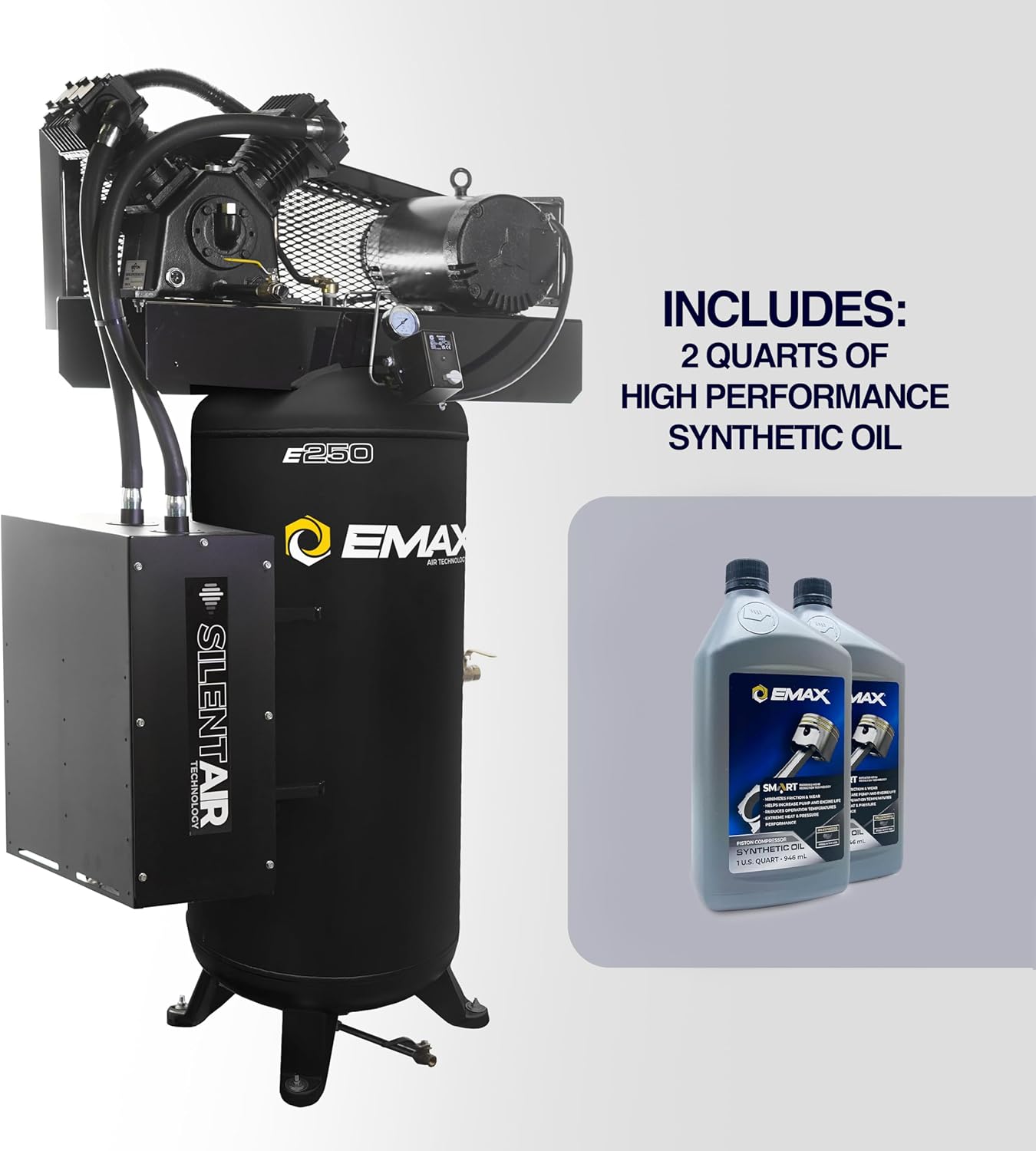 EMAX Silent Air Industrial Air Compressor - 5HP 60 Gal 19CFM Single Stage Vertical Compressor with Splash Lubricated Pump, Isolator Pads & Oil for First Change - ESS05V060V1