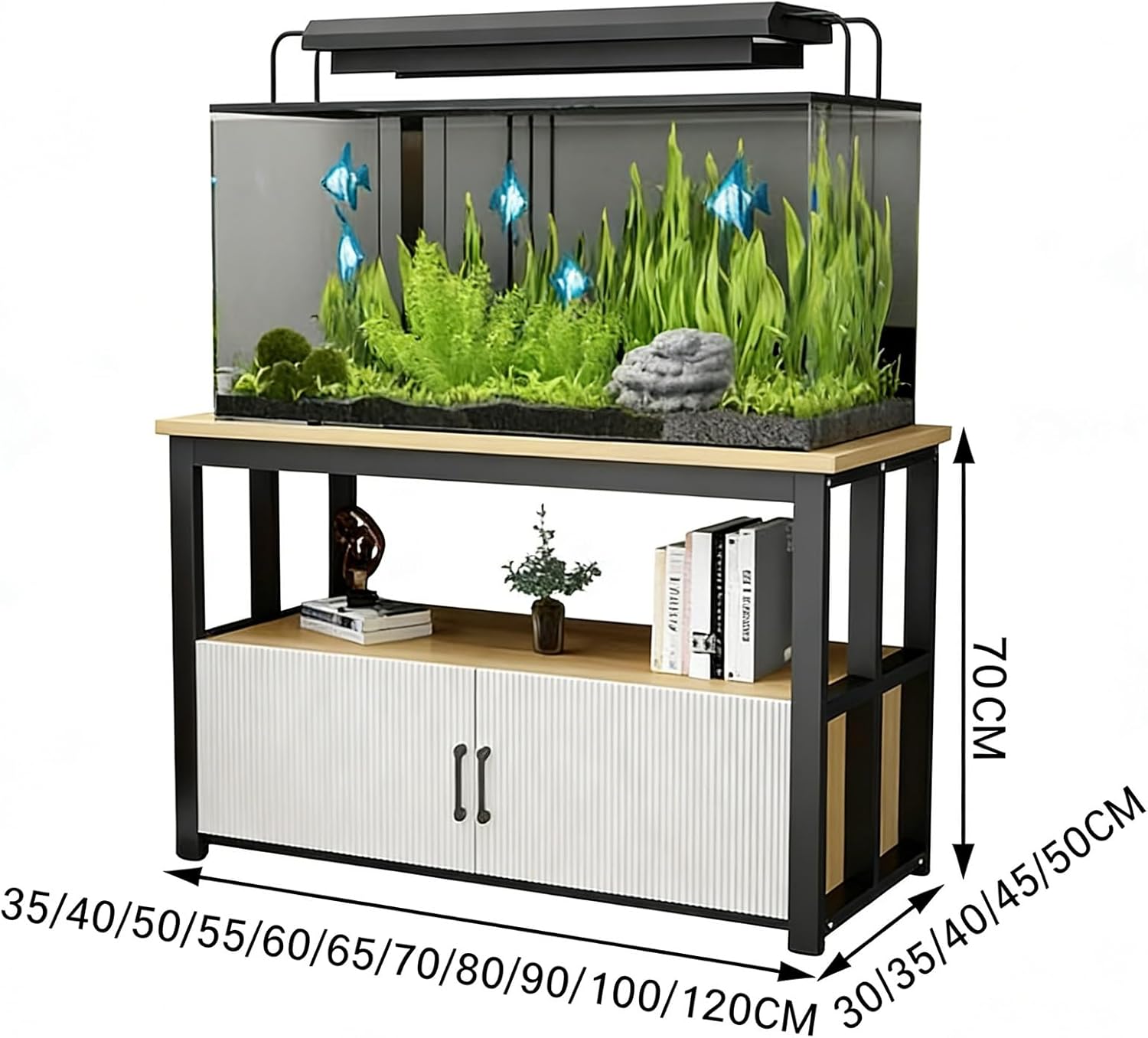 Three-Tier Storage Aquarium Stand,Aquarium Stand With Cabinet,Metal Base Sturdy And Weight-Bearing,Suitable For Modern Homes Quick Installation(Black+White,80x30x70cm)