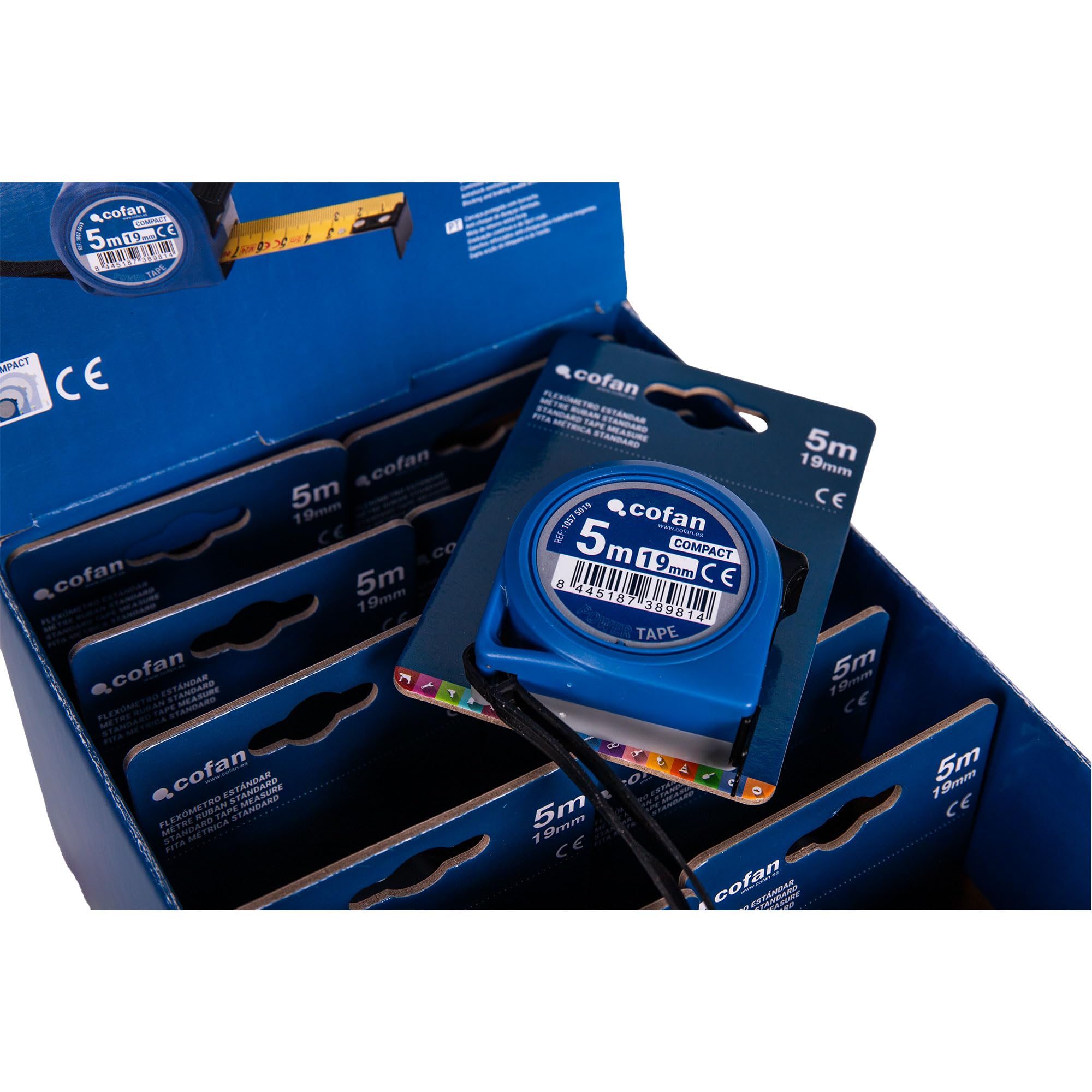 Cofan Espositore per flessometri standard con pulsante di blocco Cofan | Include 12 flessometri | Flexometri da 3 o 5 m | Larghezza della lama 16 o 19 mm (12, 5 m x 19 mm)