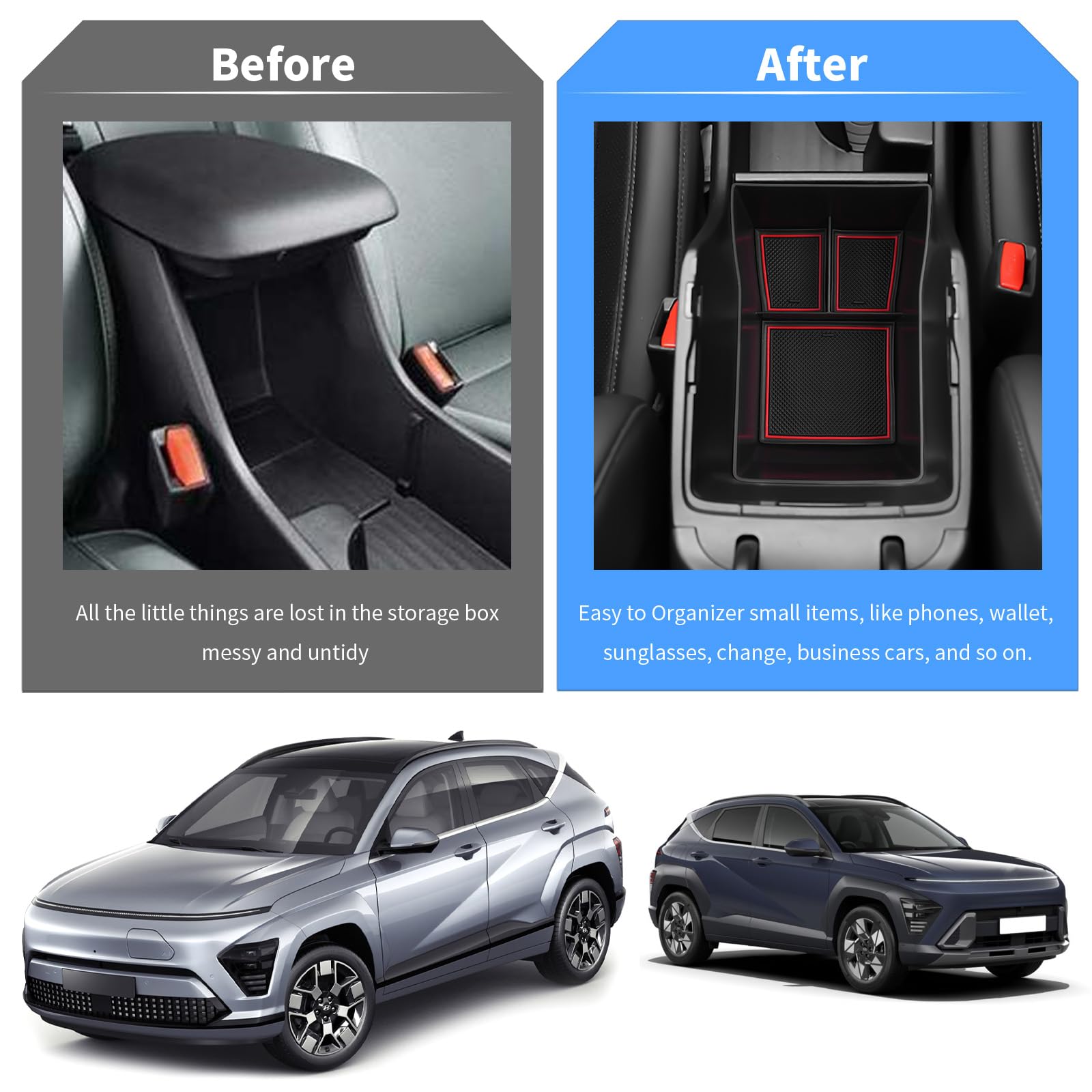 Organisateur De Console Centrale Pour Hyundai Kona Hybrid/N Line 2017-2022 - Plateau Antidérapant - Compatible Avec Kona (sauf Version électrique)