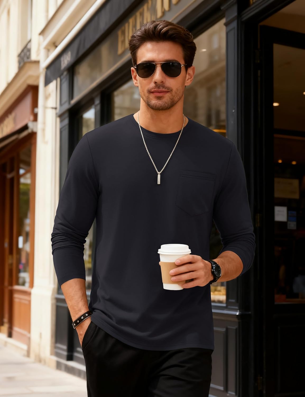 MAGNIVIT Men's Long Sleeve Cotton Shirts with Pocket Crew Neck Casual T-Shirt Regular Fit Solid Top Soft Shirt 2026 - Image 2