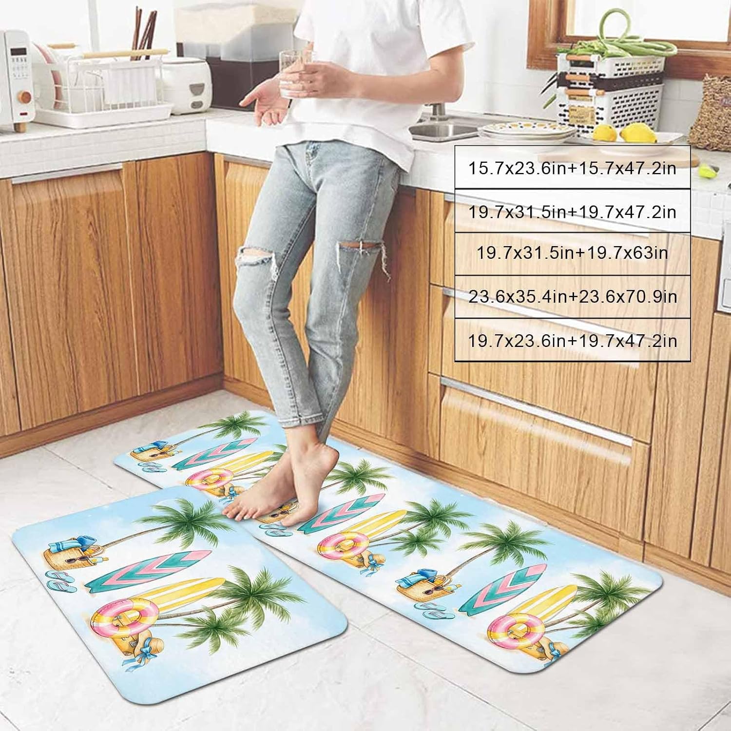 Summer Surfboard Kitchen Mat Set 2 Pieces Green Palm Tree Swimming Ring Hat Towel Gradient Blue Non Slip Kitchen Rugs Washable Runner Rug Mats for Floor Sink Laundry Office 19.7" x 31.5"+19.7" x 63"