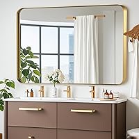 Vista 8 de Espejo de baño dorado de 22 x 30 pulgadas, espejo rectangular con marco de metal cepillado con esquina redondeada, espejo de tocador de baño dorado