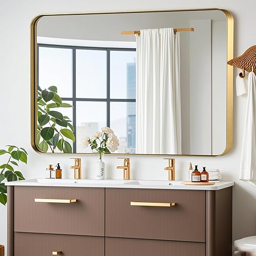 Espejo de baño dorado de 40 x 30 pulgadas, espejo rectangular con marco de metal cepillado con esquina redondeada, espejo de tocador de baño dorado