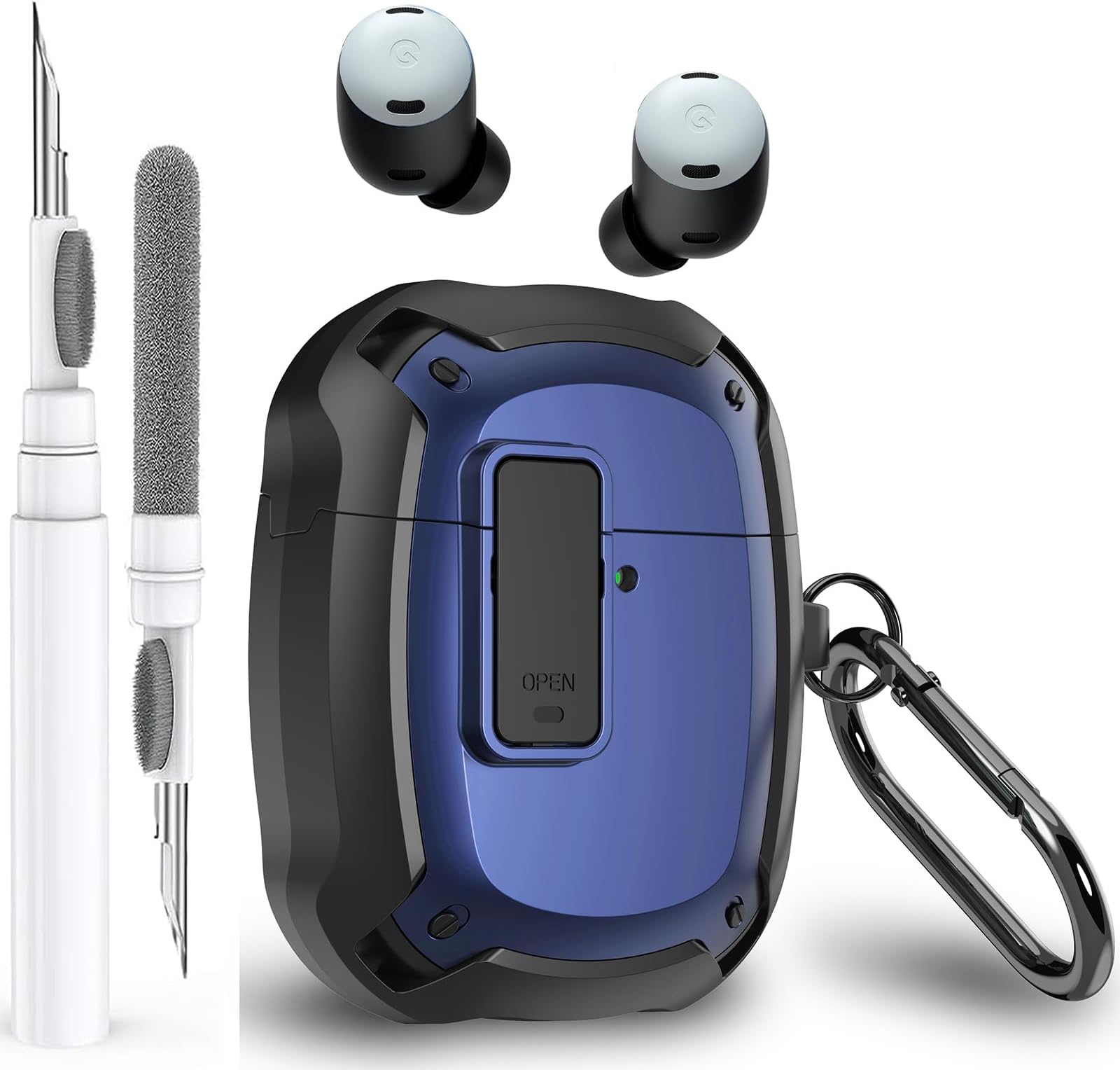 Olytop Google Pixel Buds Pro 2/Pro用ケースカバー ロッククリップ&クリーナーペン付き 2024/2022、耐衝撃保護ハードシェルスキン カラビナ付き メンズ レディース - ブラック/ブルー