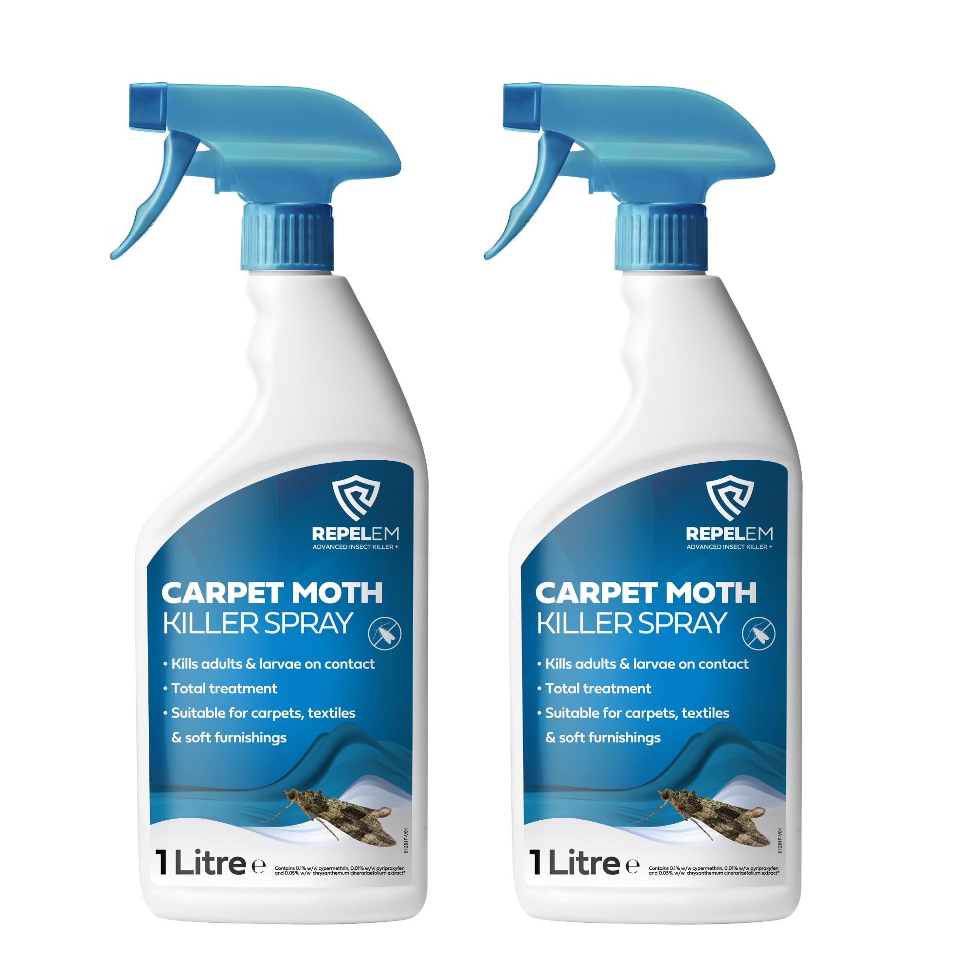 REPELEM 2 Pack Carpet Moth Killer Spray - Large 1L Instant Action Moth Killer & Moth Repellent, Kills Moths at All Life Stages, Non-Staining Strength Carpet Insect Killer, 3 Months Protection