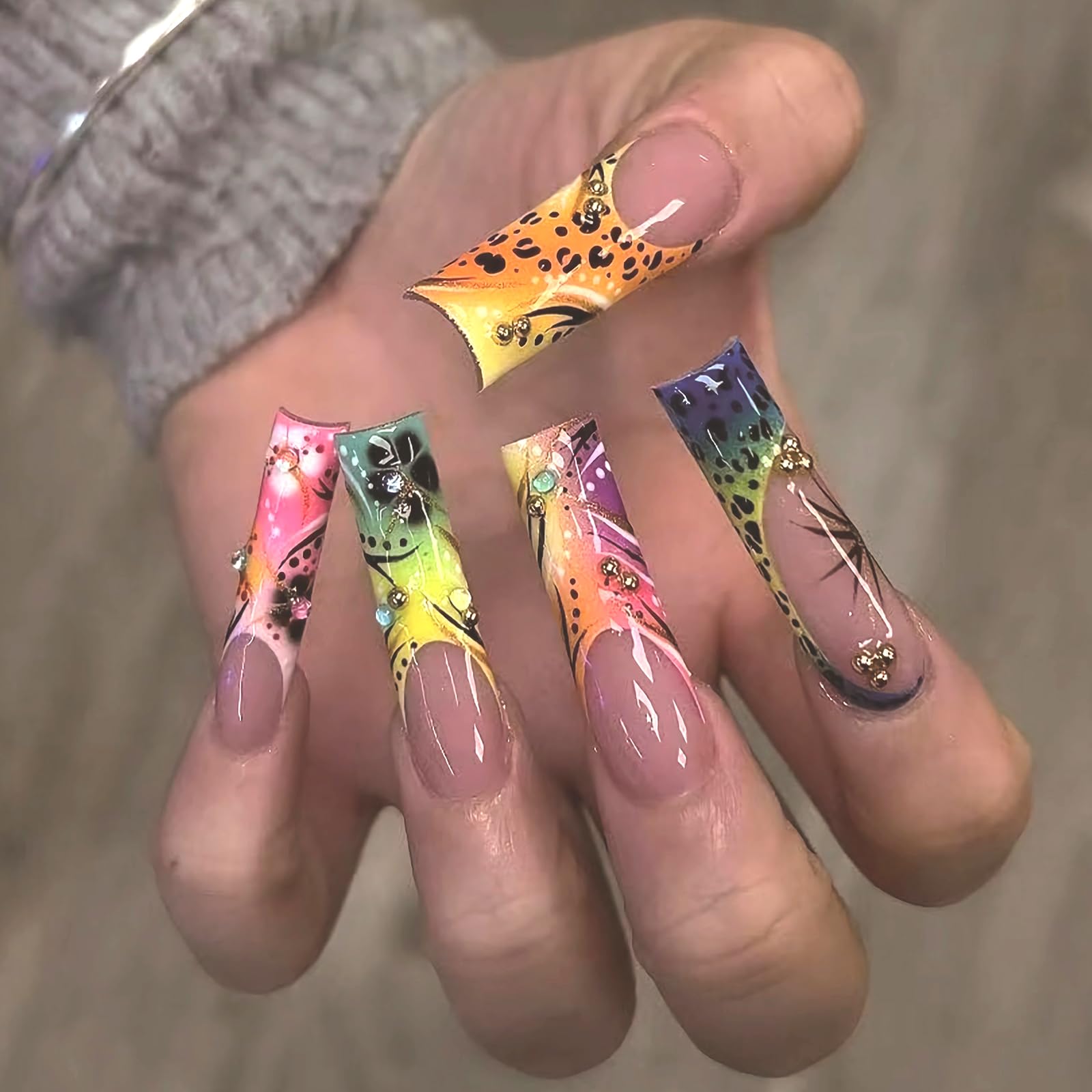 MISUD Press on Nails - Long Square Fake Nails with Cheetah, Acrylic Colorful Ombre Design 24 pcs