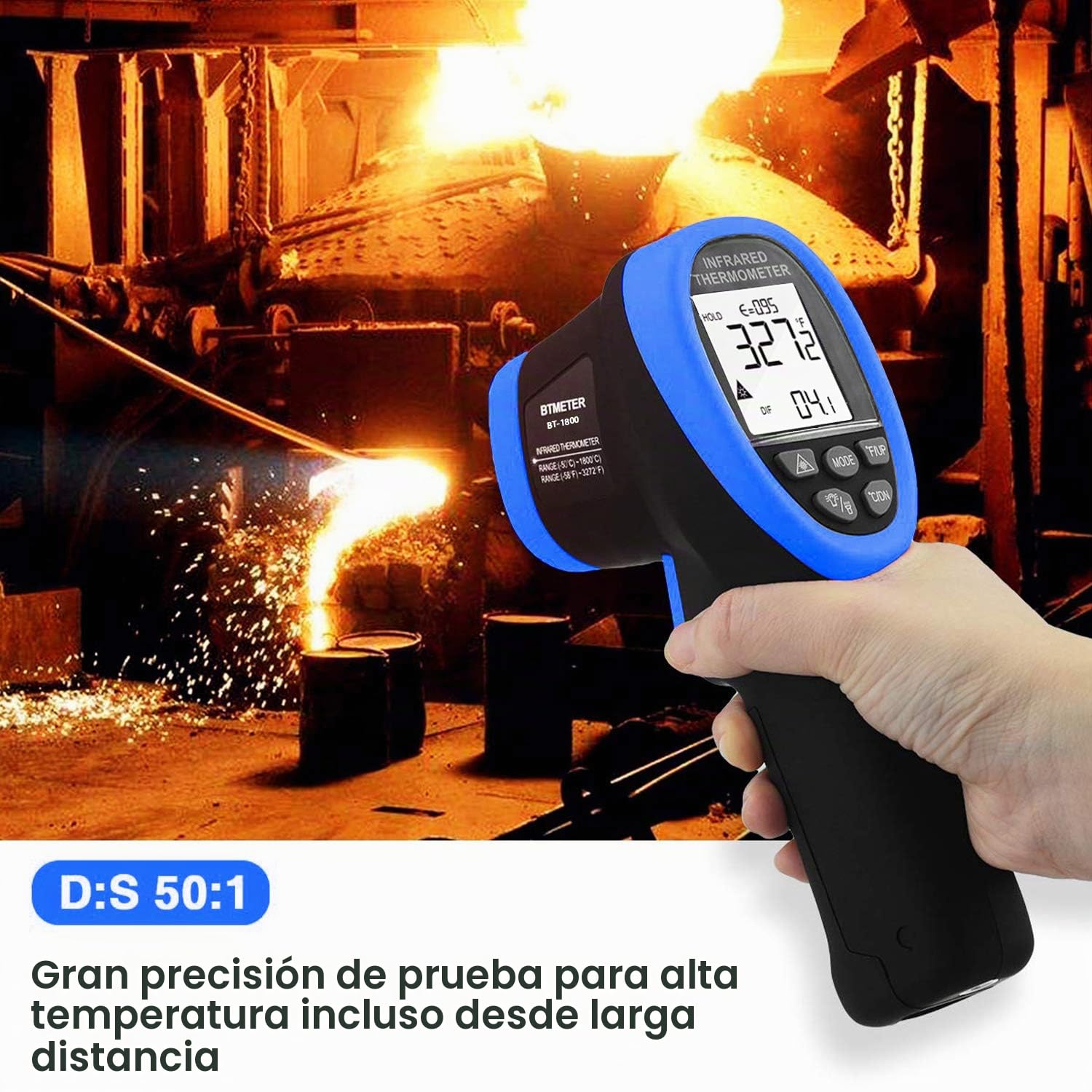 BTMETER BT-1800 Pirómetro no contacto Pistola Termómetro de infrarrojos -58~3272 °F (-50~1800 ℃) DS 50: 1 para Horno de fusión de metales Horno de forja Tester Tempe (NO para Temp humana)