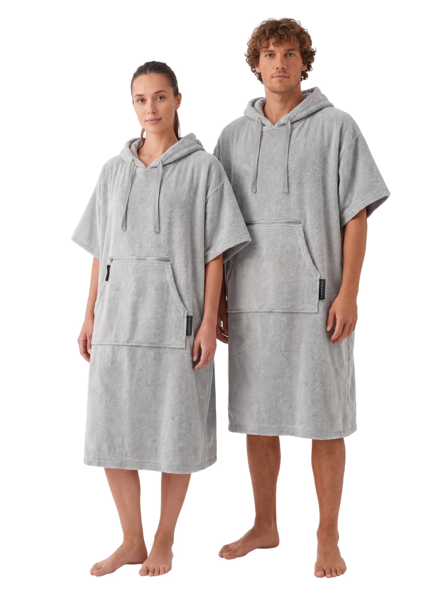 Strandponcho für Damen, Herren & Kinder – Badeponcho aus 100% Baumwolle, Surfponcho zum Umziehen mit Kapuze & Tasche für Strand, Sauna & Pool, Hellgrau, S/M