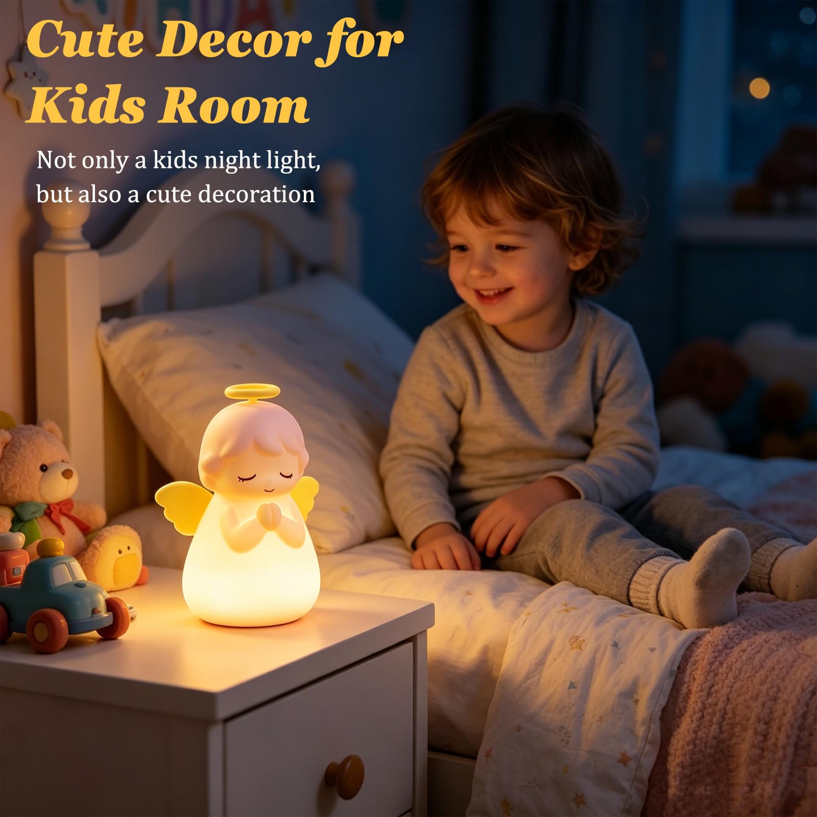 Luce notturna a forma di angelo per bambini, ricaricabile, 7 colori