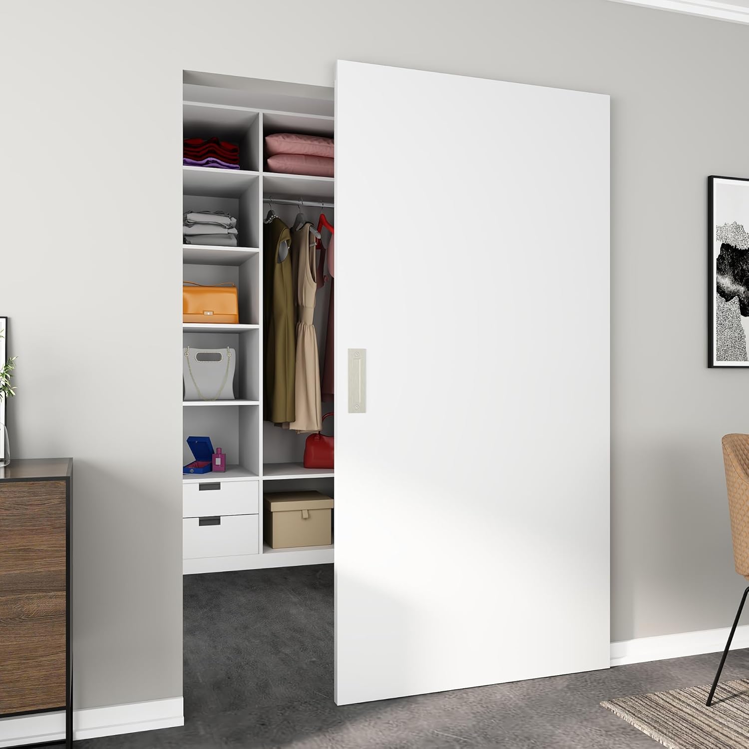 JUBEST 42"x84" Flush Solid Core White Primed Concealed Sliding Hidden Barn Door with Soft Close Installation Hardware and Double Sided Pulls Included