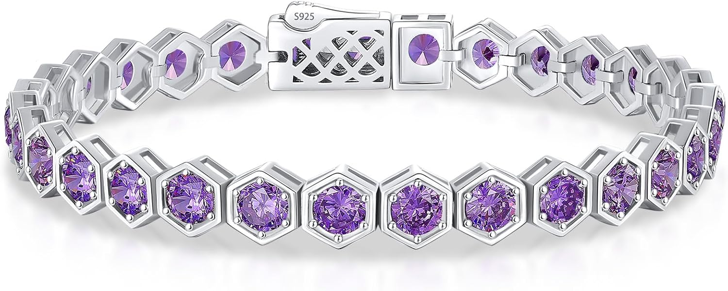 Birthstone Tennis Bracelets for Women Birthday Gifts 925 Sterling Silver Hexagon White Gold Bracelets Round Cut 5A Cubic Zirconia Prong Setting 7 Inch Anniversary Jewelry Gift