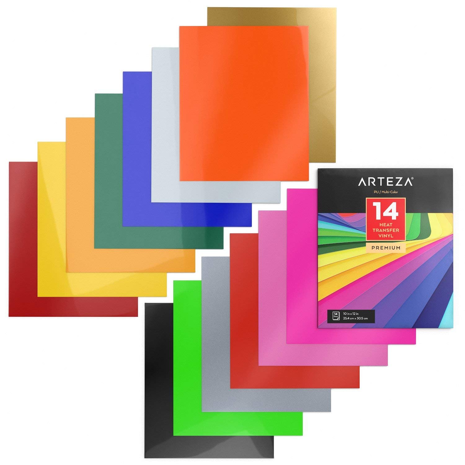 ARTEZA Wärmeübertragung Vinylfolie, 25.4 x 30.5cm (10 x 12 Zoll), Packung mit 14 Heat Transfer Vinylblättern, vielseitige Plotterfolie, Vinyl Papier für Hitzedruck-Transfer von Bügelbildern