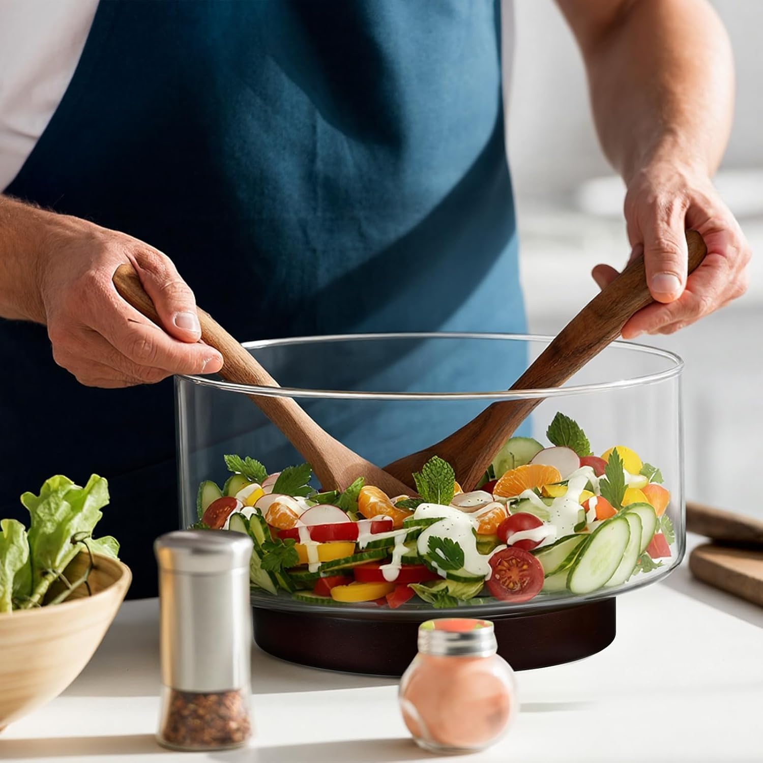 Large Glass Salad Bowl Set, Party Salad Bowl with Acacia Wood Base and Lid as Cheese Charcuterie Board and Plate, Comes with 5 Pieces Elegant Wood Serving Utensils - Image 2