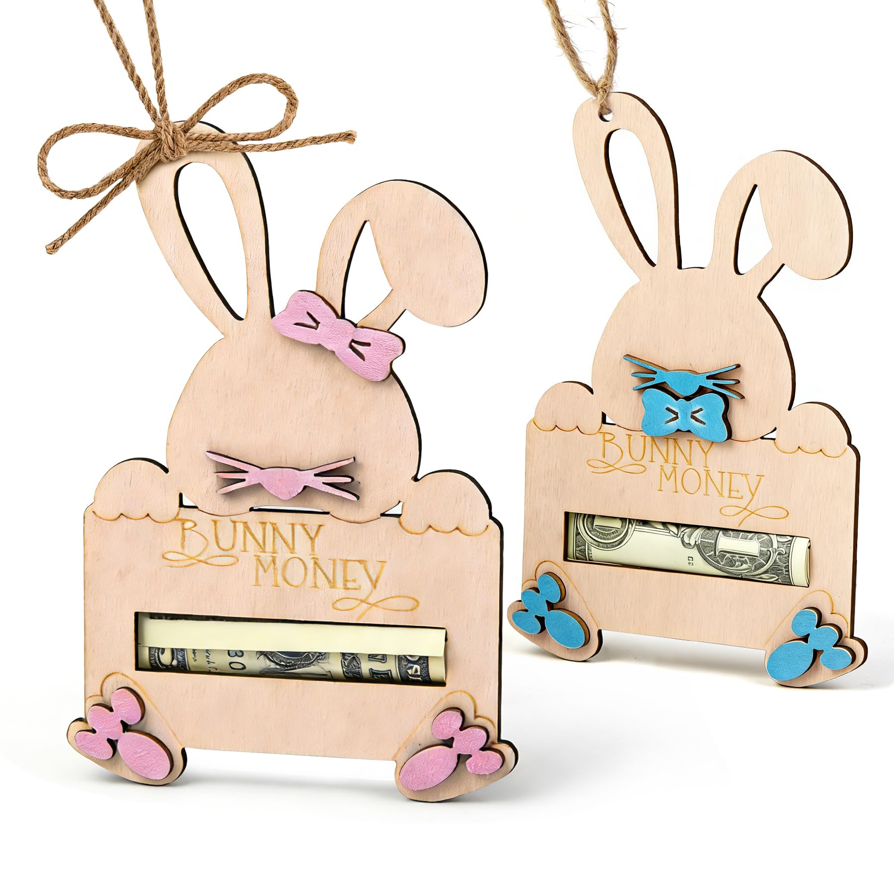 2 Pcs Easter Bunny Money Holders with String for Cash Gifts, Wooden Rabbit Cash Holder for Easter Basket Stuffers Gift Card CashHolder for Teens Girl Boy Grandchildren,EasterBasket Tag Decorations-image-42