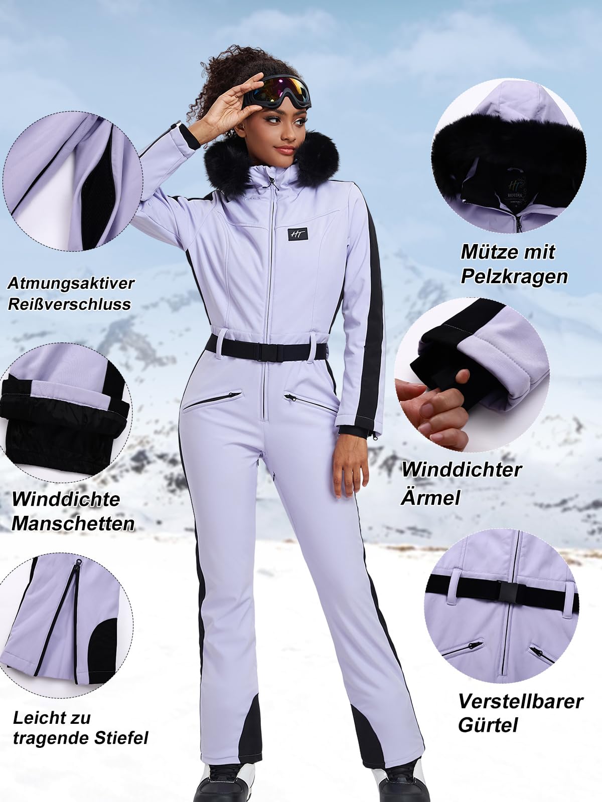 HOTIAN Damen Skianzug Einteiler Skioverall Winter Warme Damen Schneeanzug Wasserdicht Winddicht skibekleidung Schneeoverall Jumpsuit Mit Kapuze Black XS