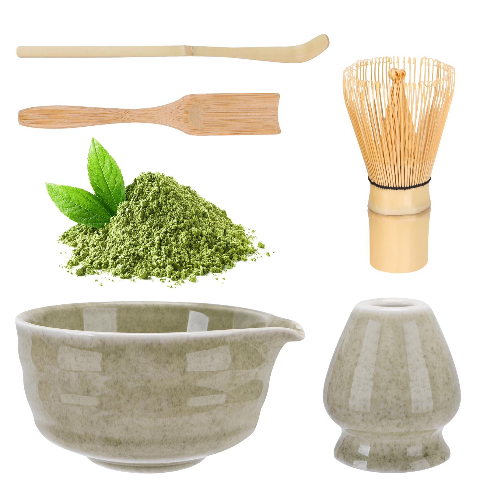Matcha Set,Matcha Besen Set – Matcha Schale mit Ausgießer, Matcha Schneebesenhalter, Matcha Besen, 2Matcha Löffel, Matcha-Set Geschenk für Matcha-Liebhaber Weihnachten, Matcha Starter Set