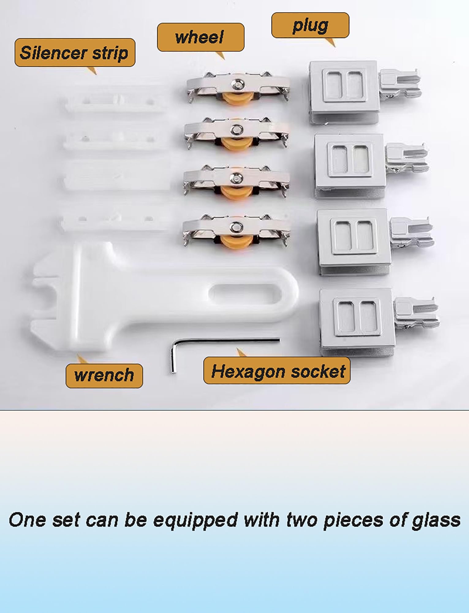 Kit ferramenta per Porte scorrevoli a Doppio Binario per vetrine/librerie/cucine da 8 mm - Rulli silenziosi e Resistenti, Binario Scorrevole per vetrine, armadi e Ante di armadi (Argento, 39
