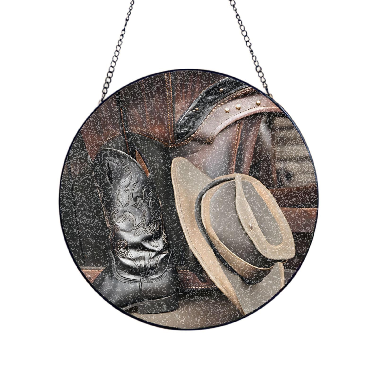 Phayah Cowboy Black Hat Western Boots Print Glass Window Hanging Round Suncatcher Glass Ornament Garden Wall Fence Decorations Indoor Outdoor 12in（30cm）
