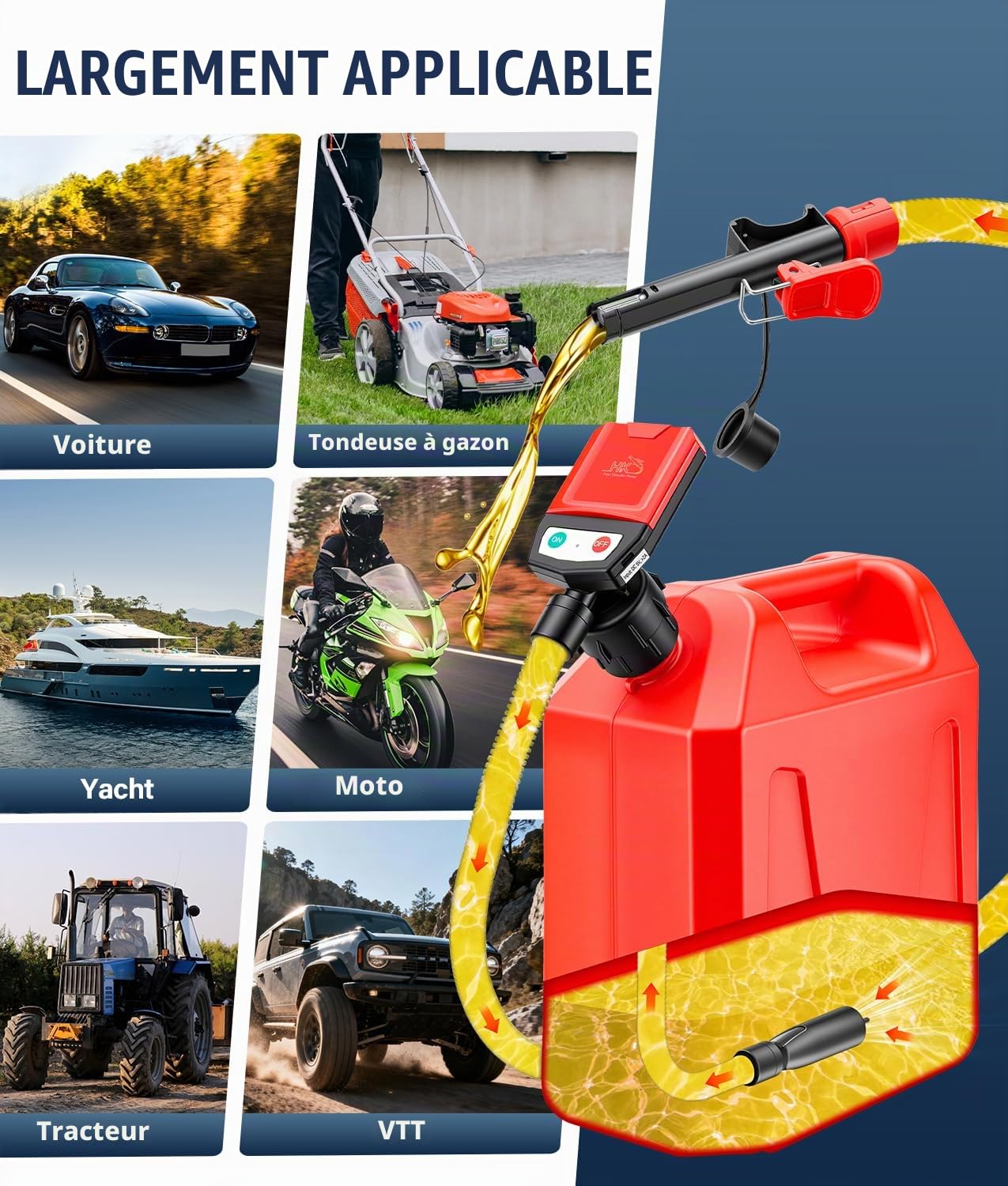 WADEO Pompe de Transfert, Arrêt Auto 15L/min, avec Câble USB de 3m, Tuyau 1.3m + 4 Adaptateurs, Pompe Portable pour Essence/Diesel/Huile/Eau pour Voiture, Tracteur, Motocyclette, Bateau
