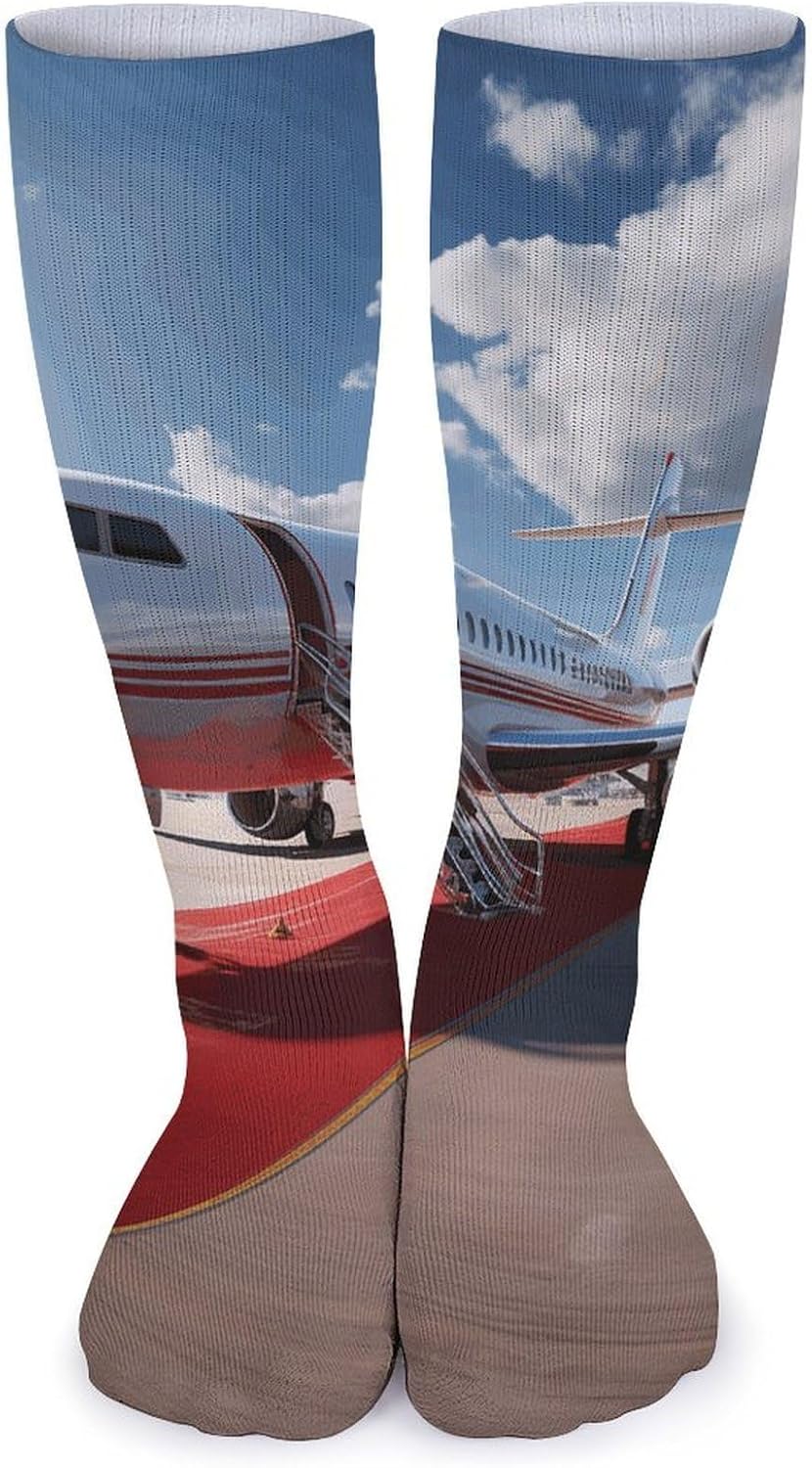 Breathable Crew Sock, Moisture Wicking, Athletic Calf Socks, Cozy | Red Carpet Airplane Compression Socks for Women Men, Lightweight High Work Socks for Business, Casual