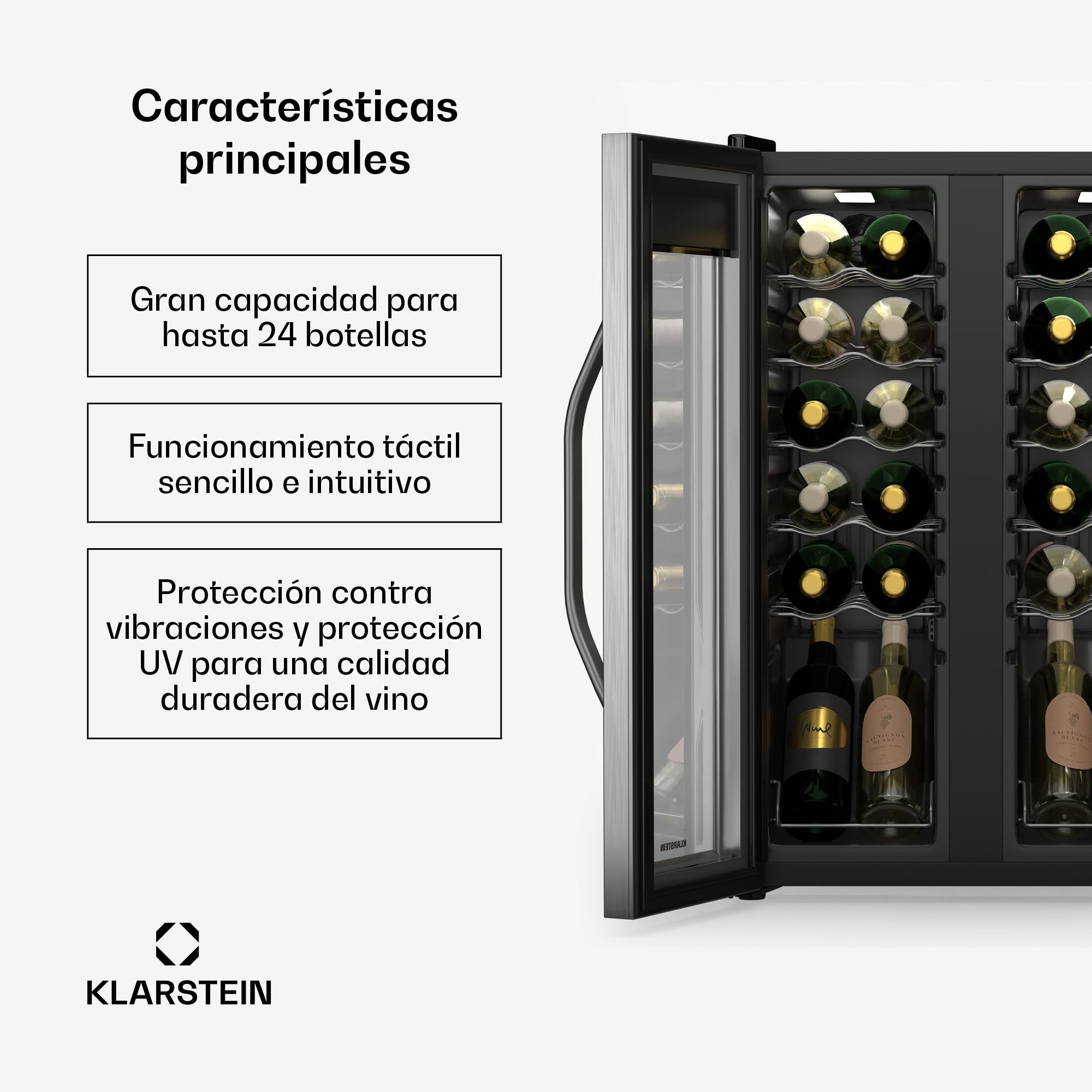 KLARSTEIN Vinamour nevera para vino 2 zonas - 24 botellas, 5-18°C, control táctil, iluminación LED, independiente, acero inoxidable doble puerta, nevera para vino