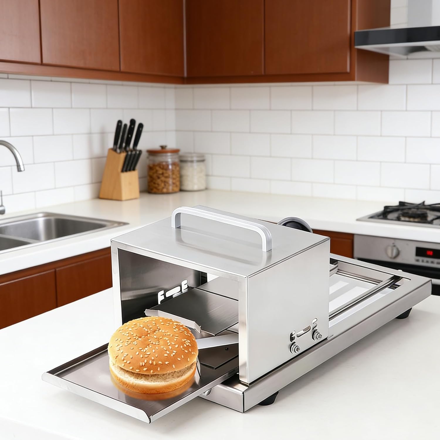 Manual Stainless Steel Burger Bun Slicer, Adjustable Cutting Height Bread Cutter with Push Pull Design for Bagels and Homemade Small Loaves bread slicer