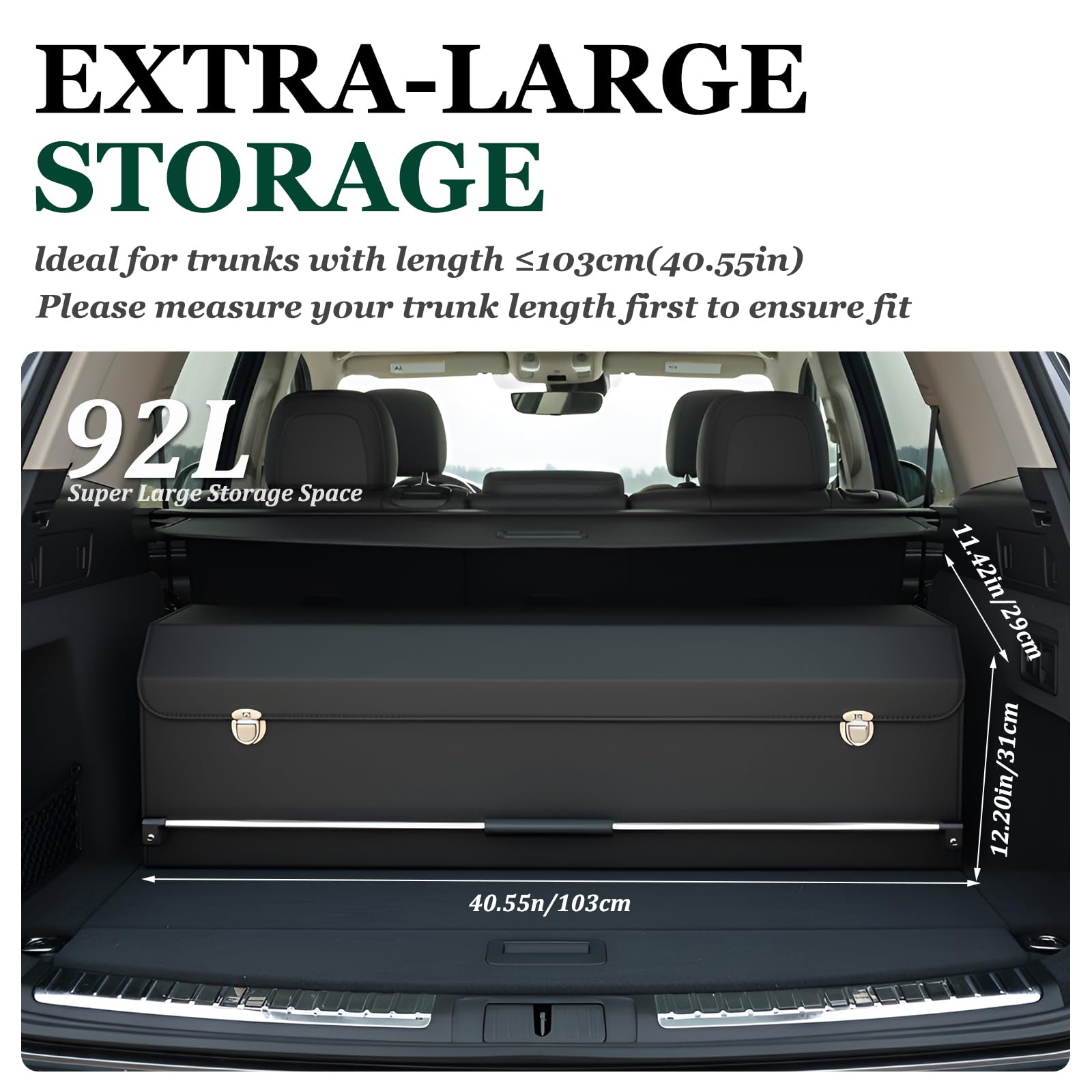 Kofferraum Organizer mit Deckel – Premium NAPPA-Leder, Tragbarer Push-Pull-Griff & Stabile Universal Aufbewahrungsbox für Auto & SUV (Schwarz, 103 x 29 x 31 cm)