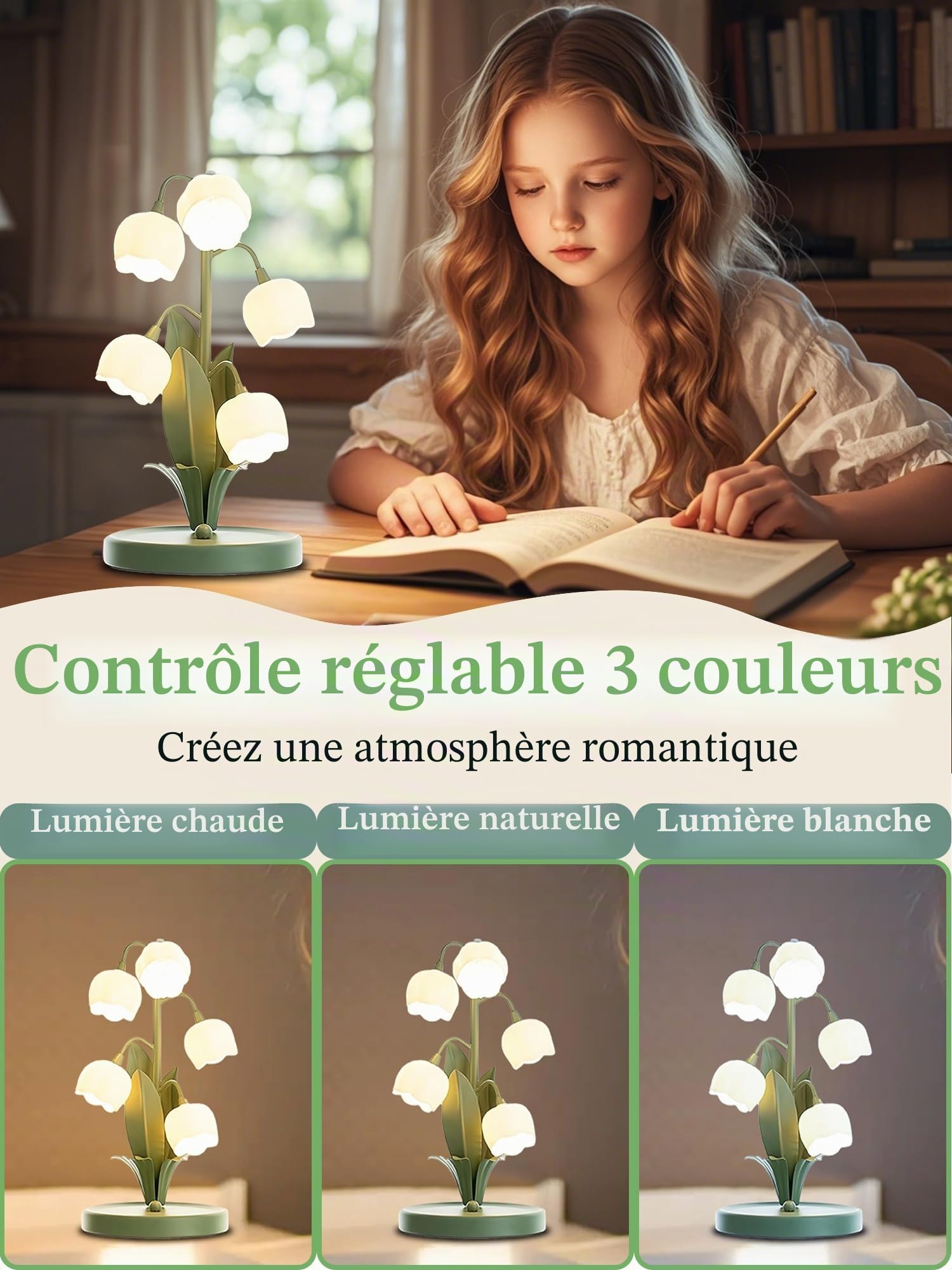 Lampe de chevet vintage à fleurs vertes pour la maison, 5 lampes de lecture muguet, 3 modes de couleur, lampe de chevet kawaii, avec ampoule G4 pour salon, bureau, chambre à coucher