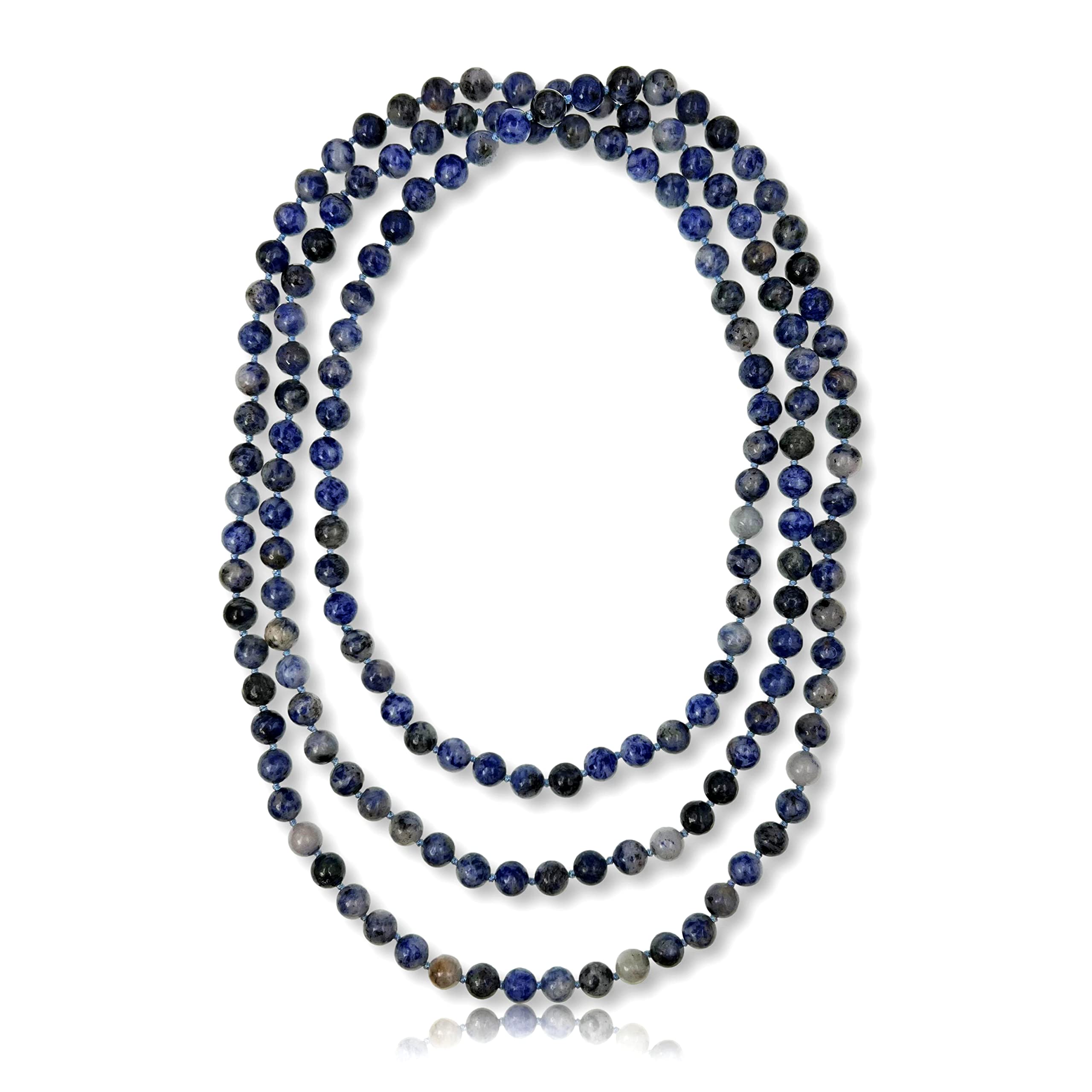 MGR MY GEMS ROCK! 6-8MM Beaded and Hand Knotted Polished Genuine Stone Multi-layer Long Endless Infinity Chakra Mala Style Statement Necklace For Men or Women, 60 Inch Long.