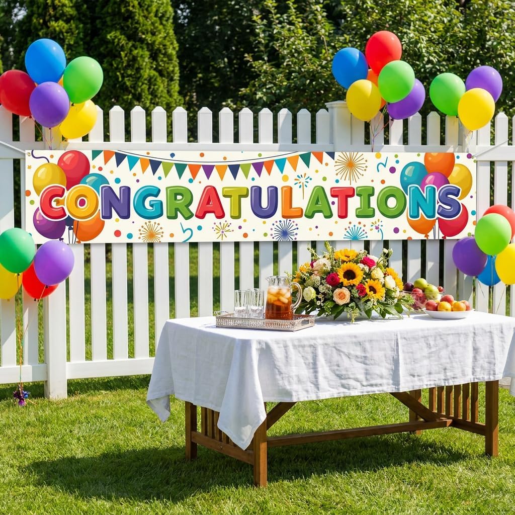 Congratulations Banner Party Decorations Supplies - Large 8.2ft x 1.5ft Colorful Fabric Sign for Graduation Retirement Promotion Anniversary - Outdoor Indoor Celebration Wall Decor with 20ft Rope image 4