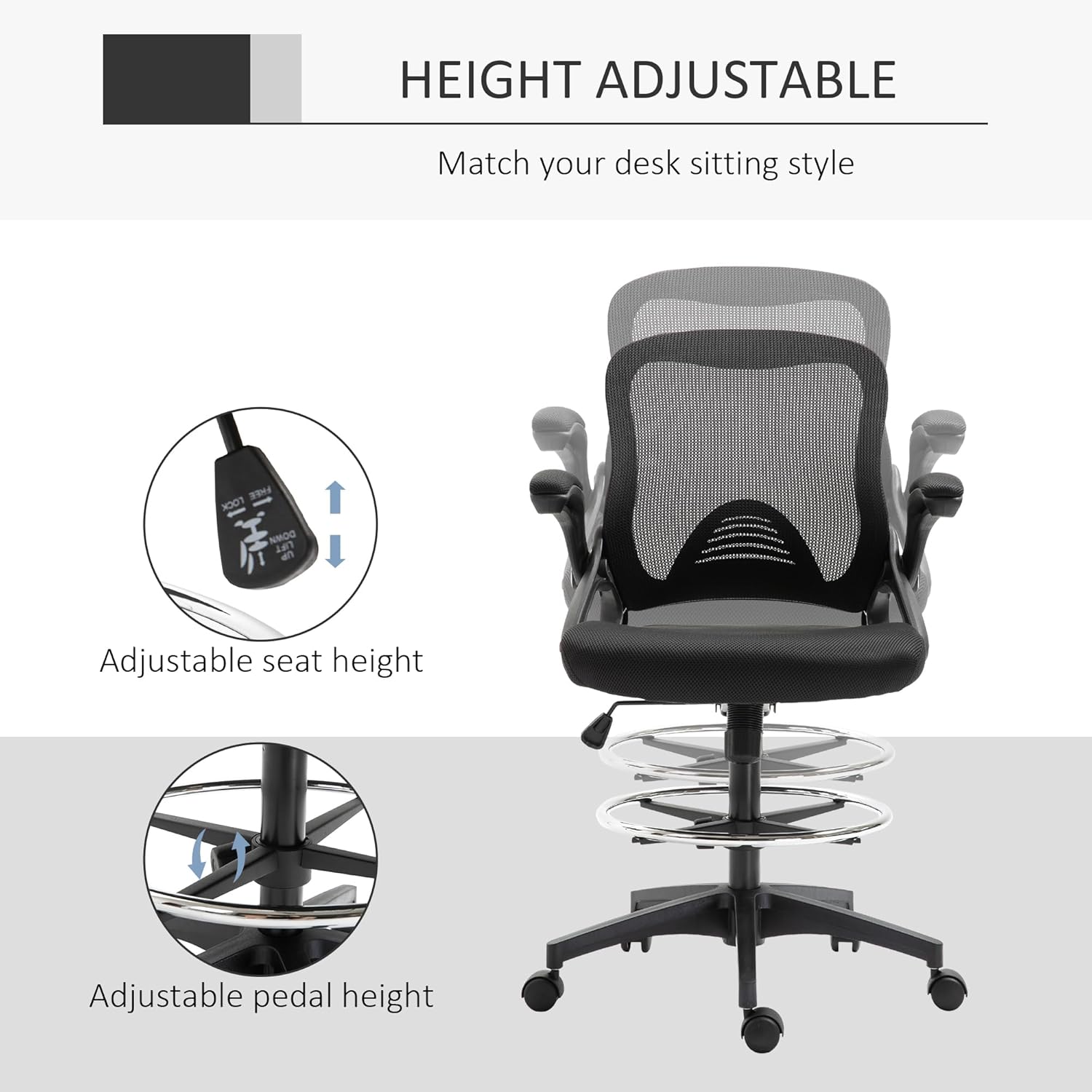 Mesh Drafting Chair, Tall Office Chair with Lumbar Support, Flip-Up Armrests, Footrest Ring and Adjustable Height, Black