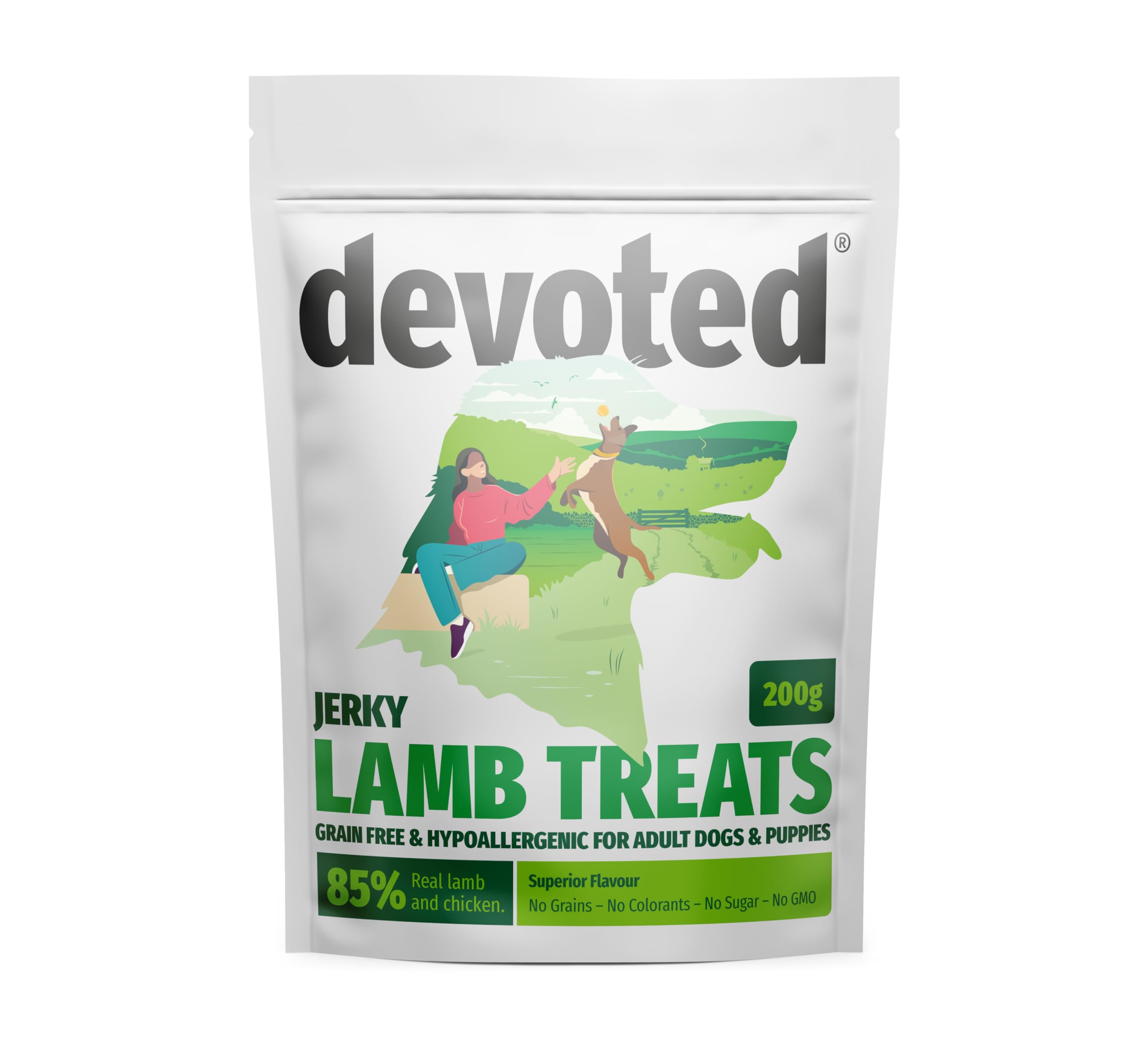 Devoted Dog Treats - Lamb & Chicken Jerky (200g x 8 Pack) High Protein Training Reward Treats, 85%