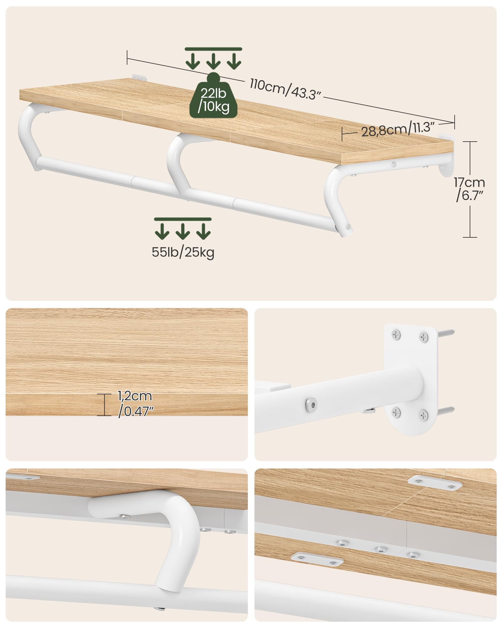 CHOEZON Perchero de Pared, Estantería de Baño con Barra para Colgar Ropa, Perchero de Pasillo, Colgador de Pared para Dormitorio, Pasillo y Lavadero, Natural y Blanco DTYM02NW