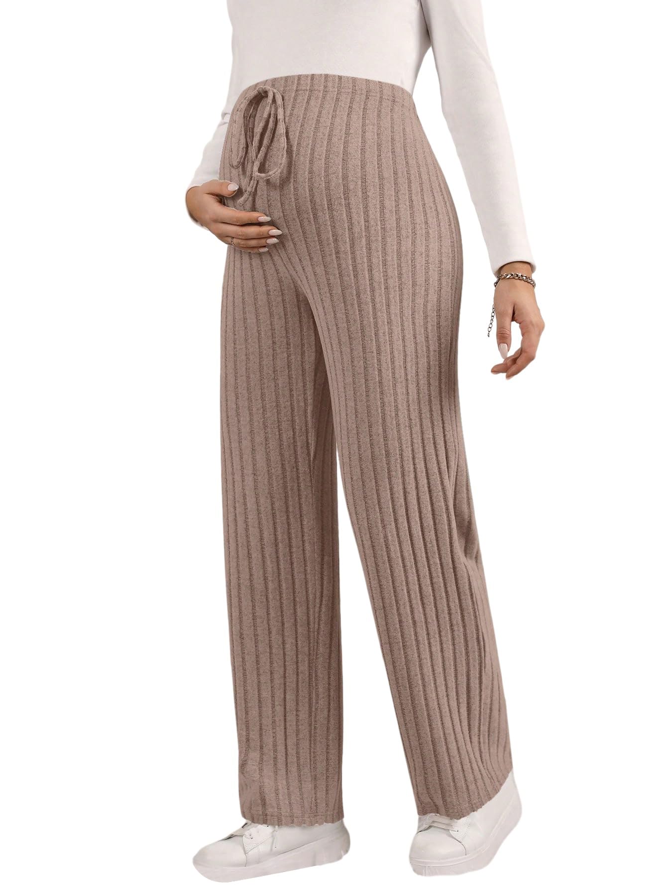 SOLY HUX Damen Hosen Bequem Umstandshose mit Schleife Schwangerhose Hohe Elatischer Bund Gerade Strickhose Einfarbig Freizeithose für Schwangere