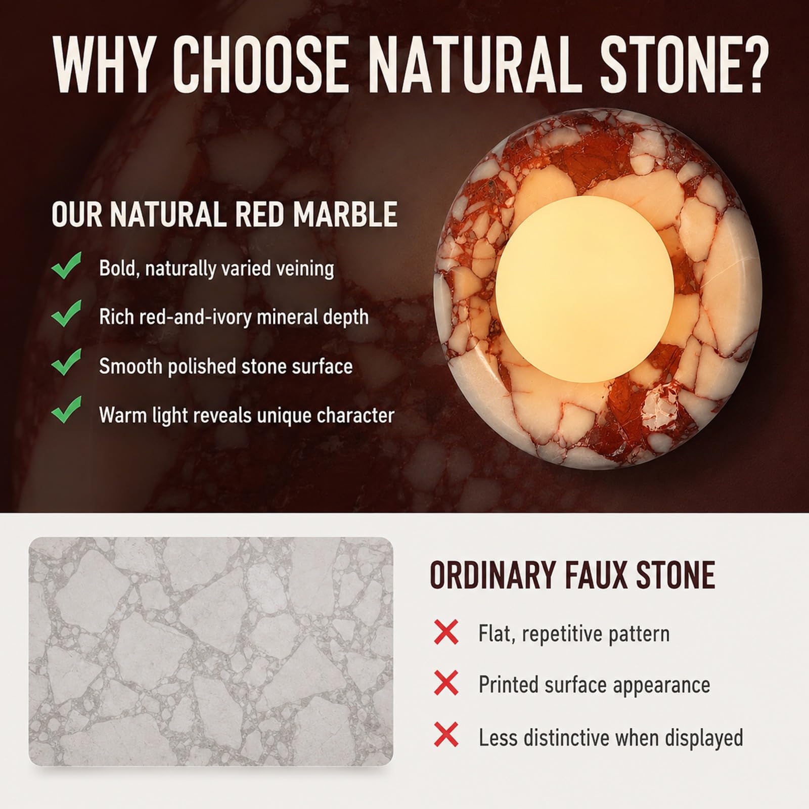 Applique da parete moderna rotonda in marmo naturale, lampada da parete in alabastro rosso