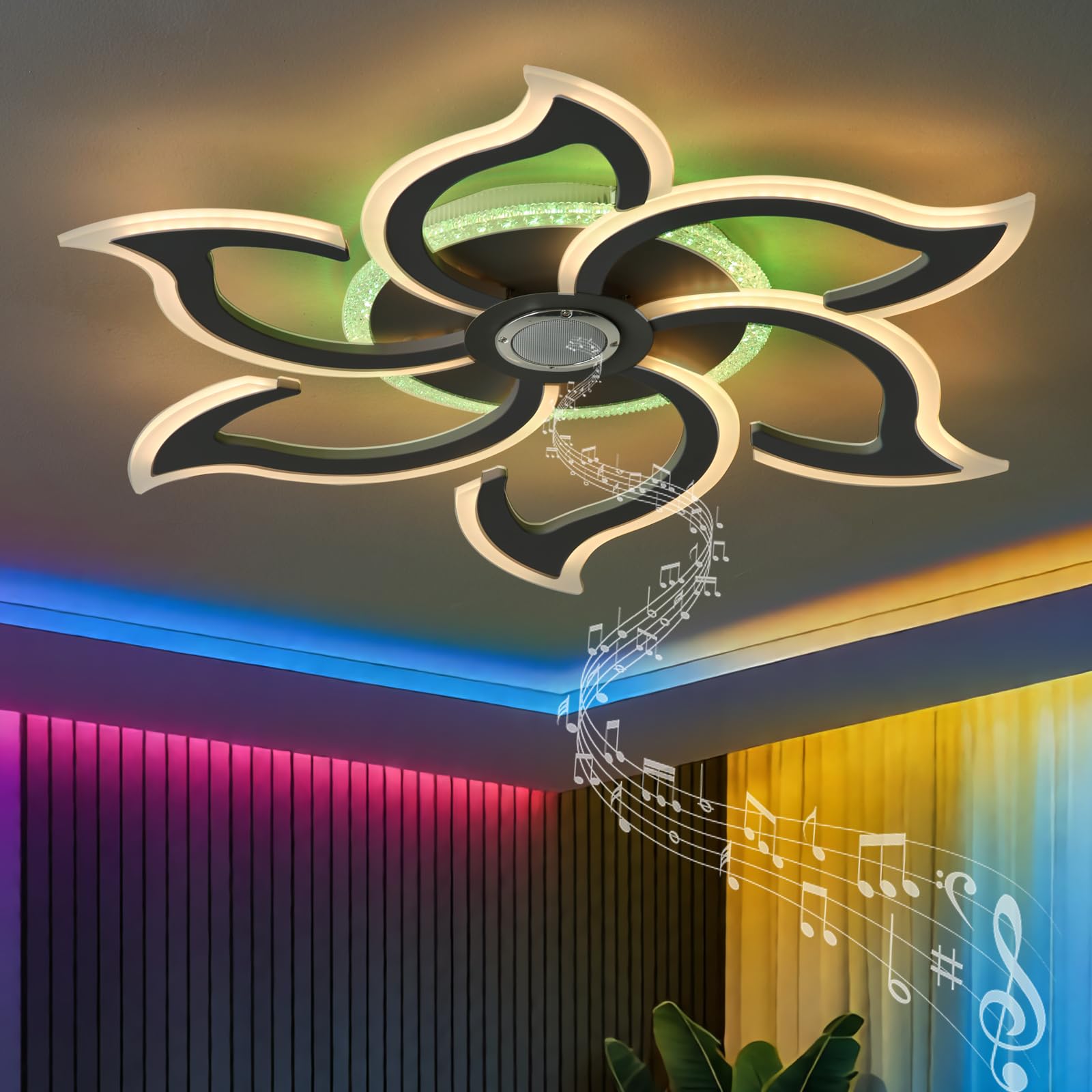 Plafoniera Soffitto RGB è Dotata di Sei Petali Lampadario Altoparlante Bluetooth Telecomando App Lampadari Dimmerabile 3 Temperature di Colore Timer Funzione di Memoria per Camere da Letto, Nero