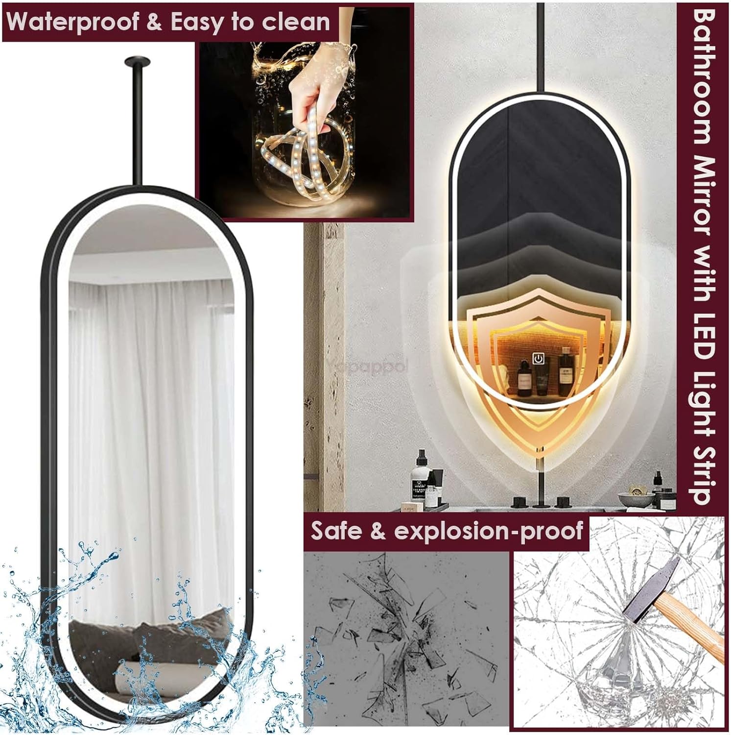 透明な楕円形の天井取り付けミラー、LEDライト付き吊り下げロッドバスルームミラー、シンク上、自宅またはホテルの化粧台シェービング装飾