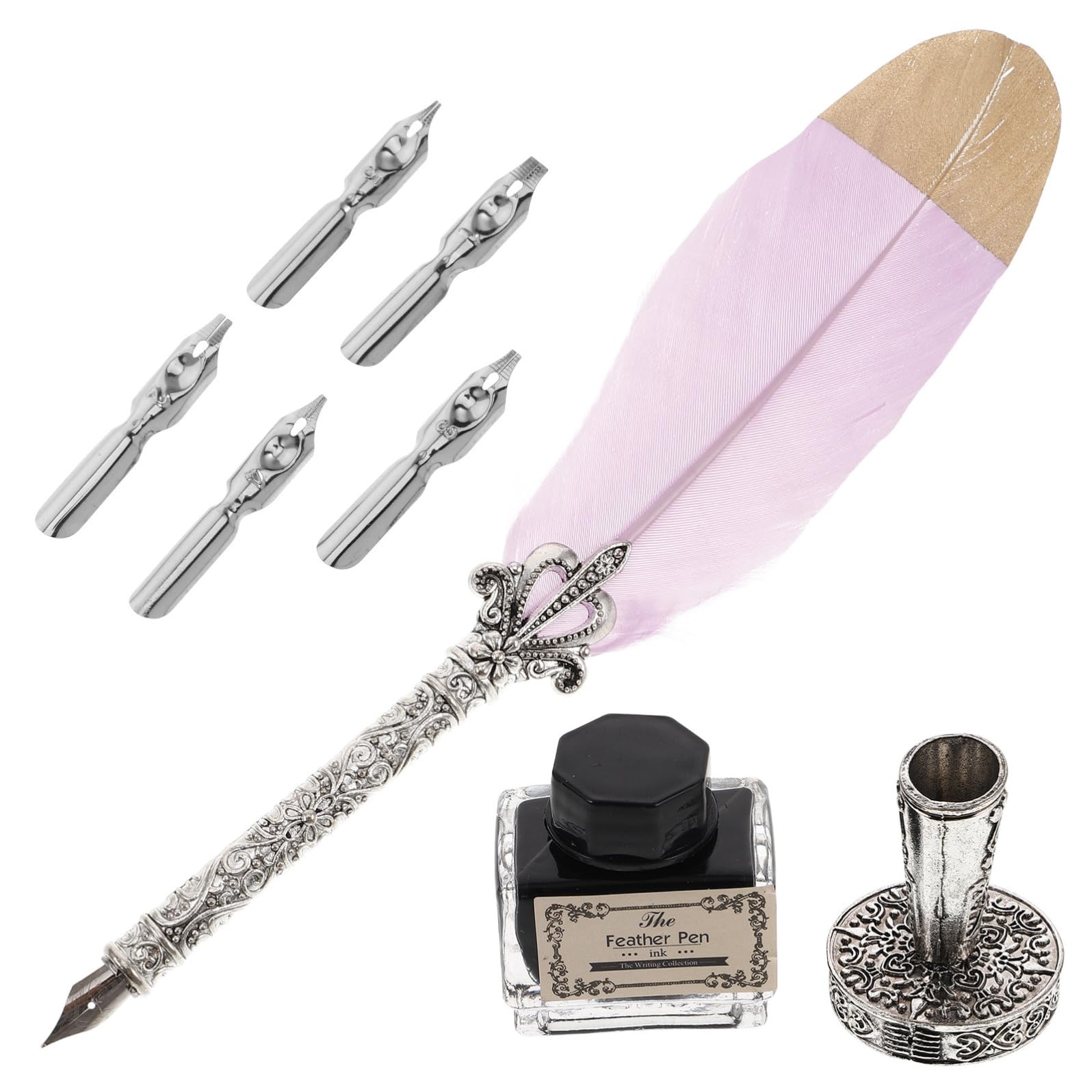 UPKOCH Set Penna Stilografica Vintage Piuma Porpora, Inchiostro e Supporto in Vetro, Versatile e Multifunzionale per Calligrafia e Lettering Creativo